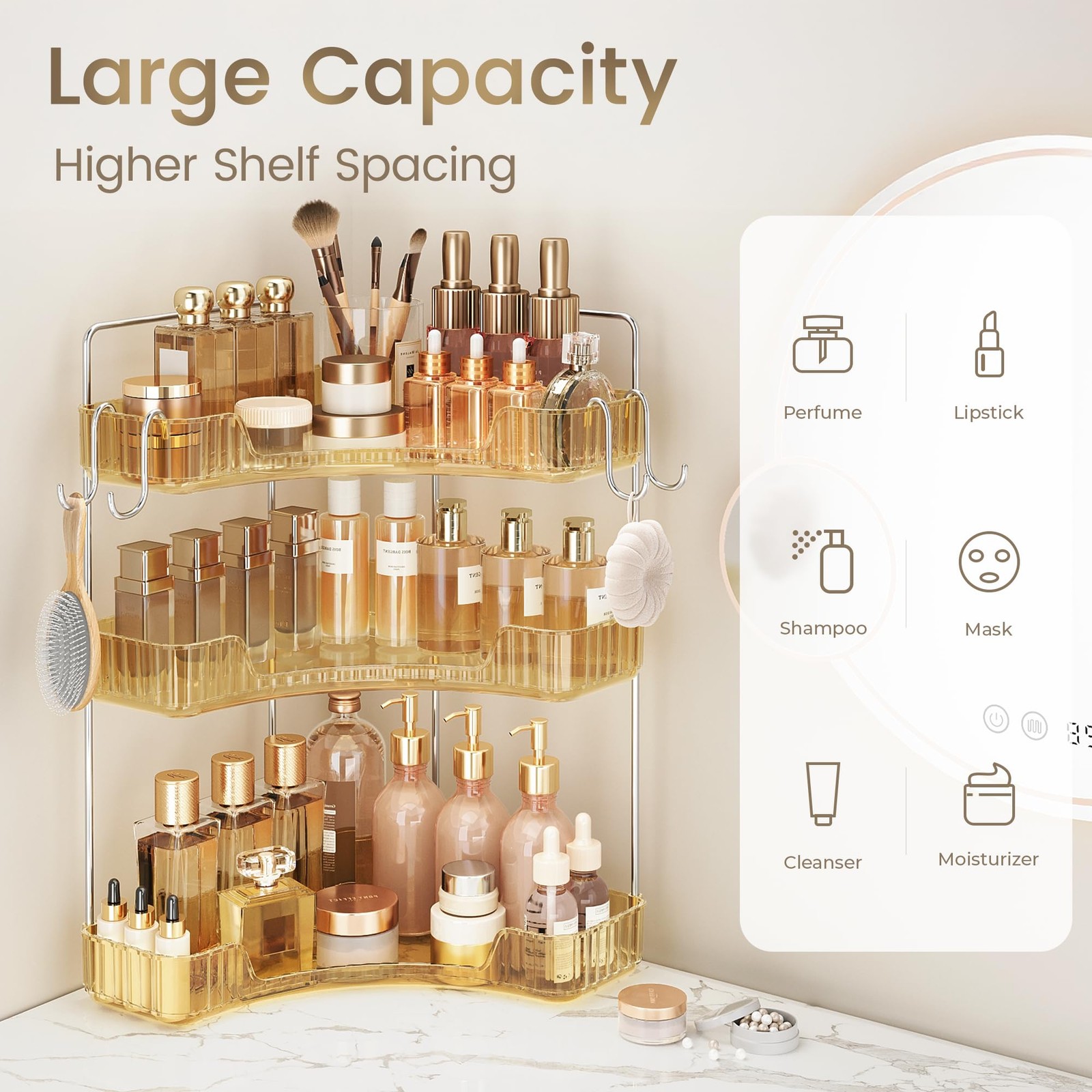 Kinkota Golden 3-Tier Corner Bathroom Organizer Countertop Storage Shelf Hooks M
