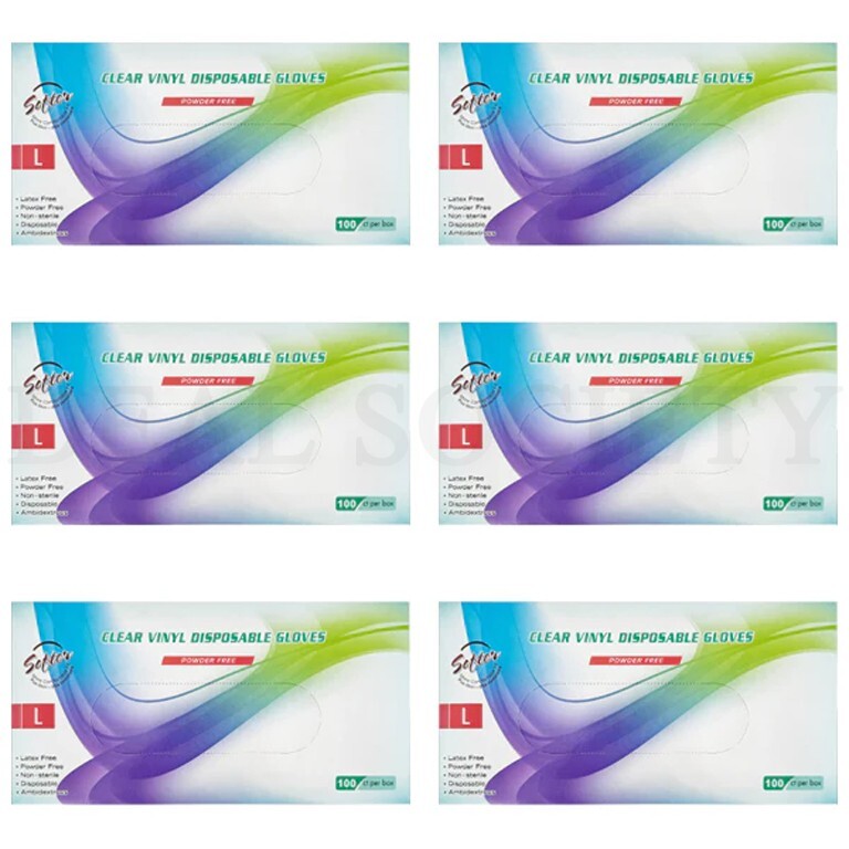 Lot of 6 – Clear Vinyl Powder-Free Large Disposable Gloves – 100 ct Each