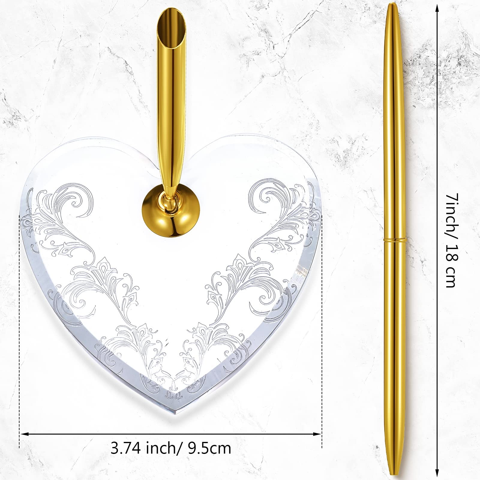 Outus 2 Pcs Wedding Pens Set For Guest Book Acrylic Heart Pen Holder Stand Gold