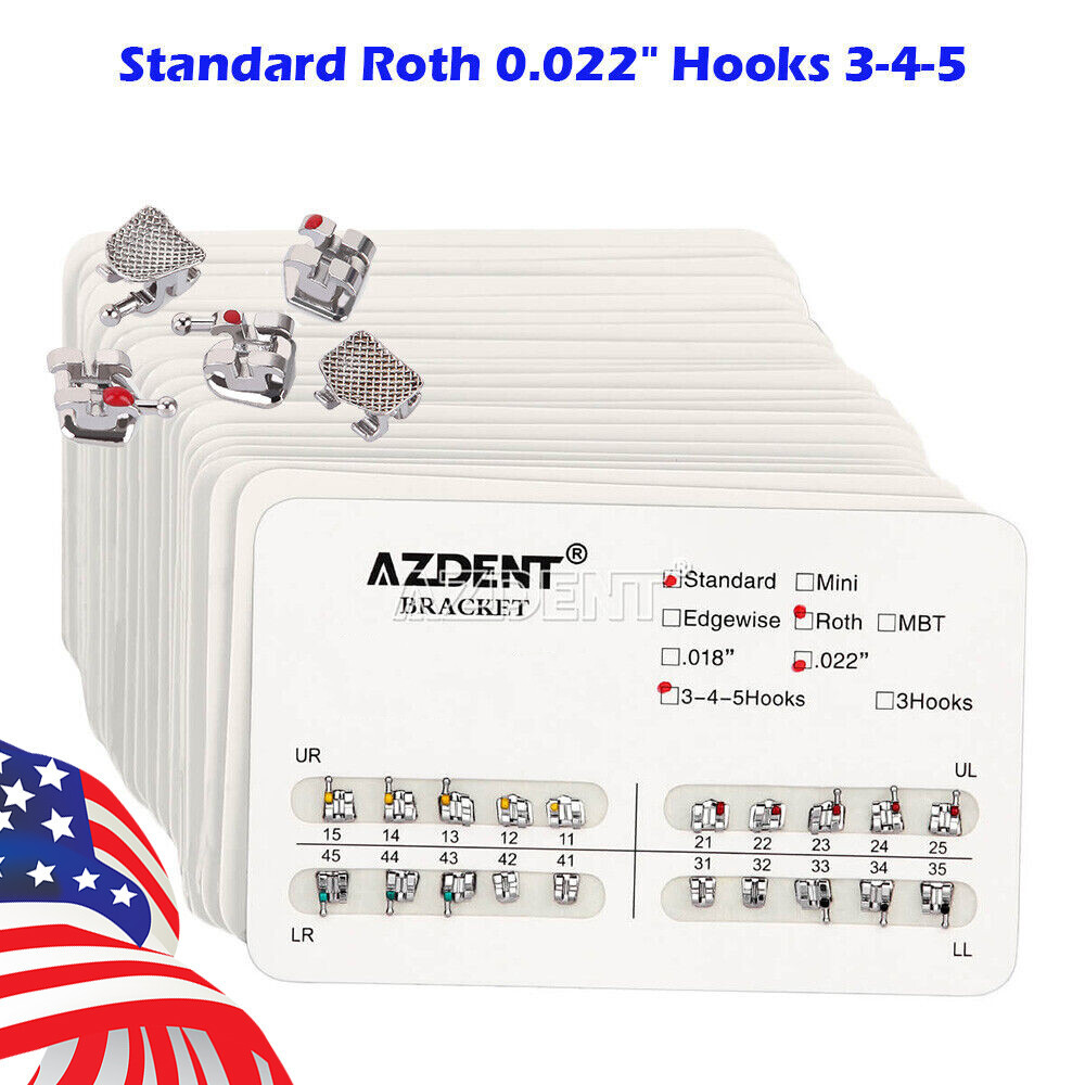 10 Packs Dental Ortho Metal Bracket Standard Roth Slot 022″ Hooks 3-4-5 AZDENT