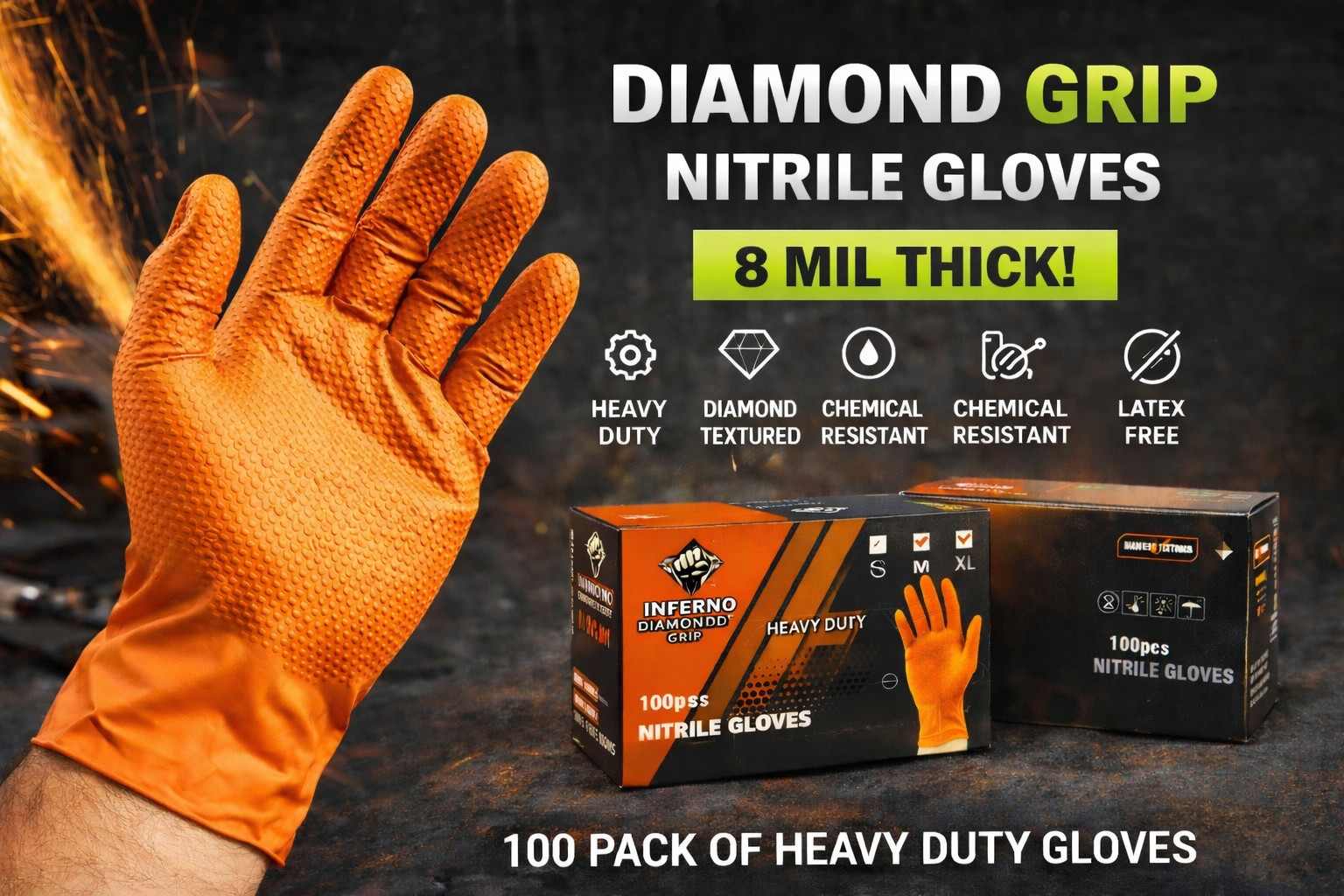 Inferno Diamond Grip Orange Nitrile Gloves 8 Mil, Diamond Texture, Box of 100Pcs