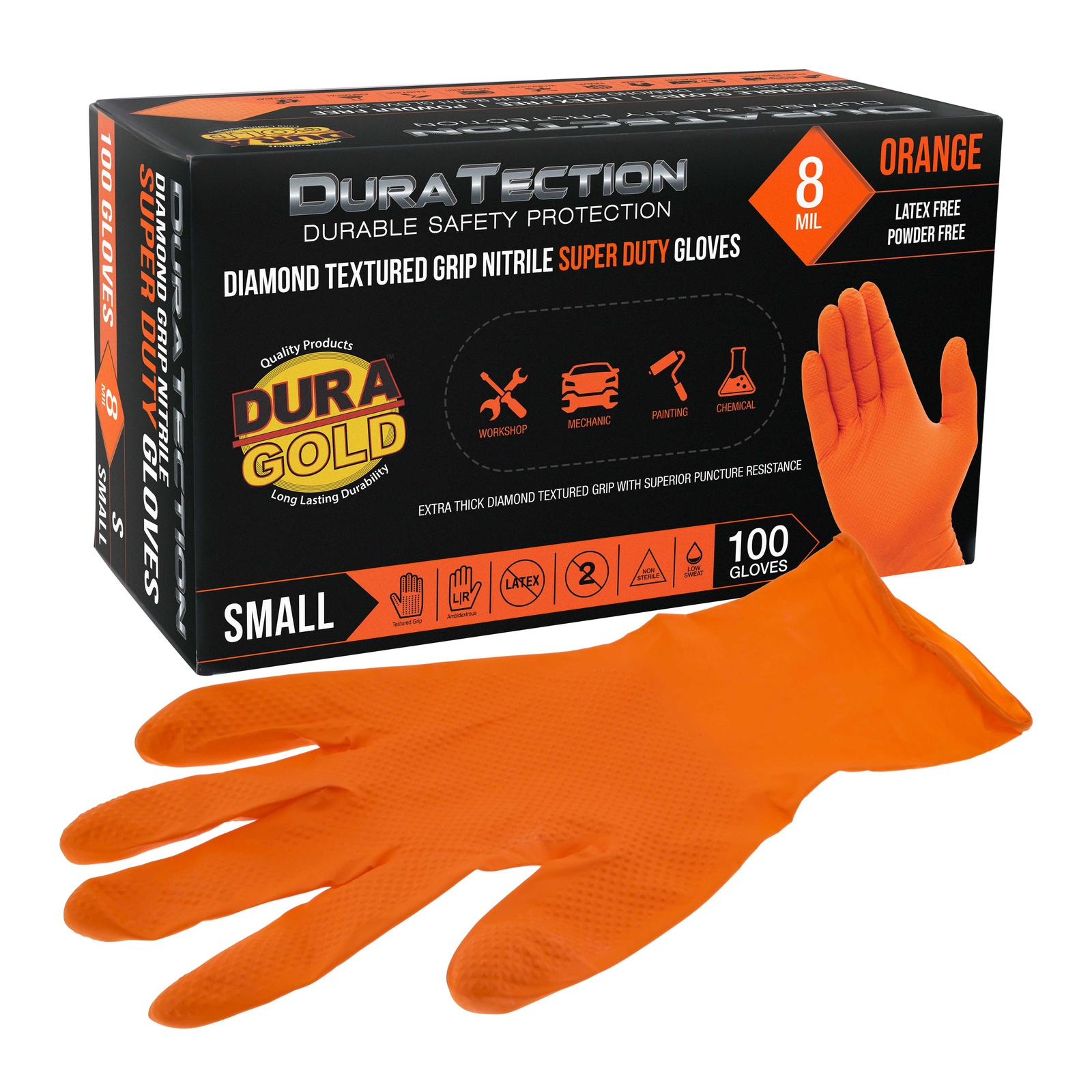Small 8 Mil Orange Super Duty Diamond Textured Nitrile Disposable Gloves 100/Box