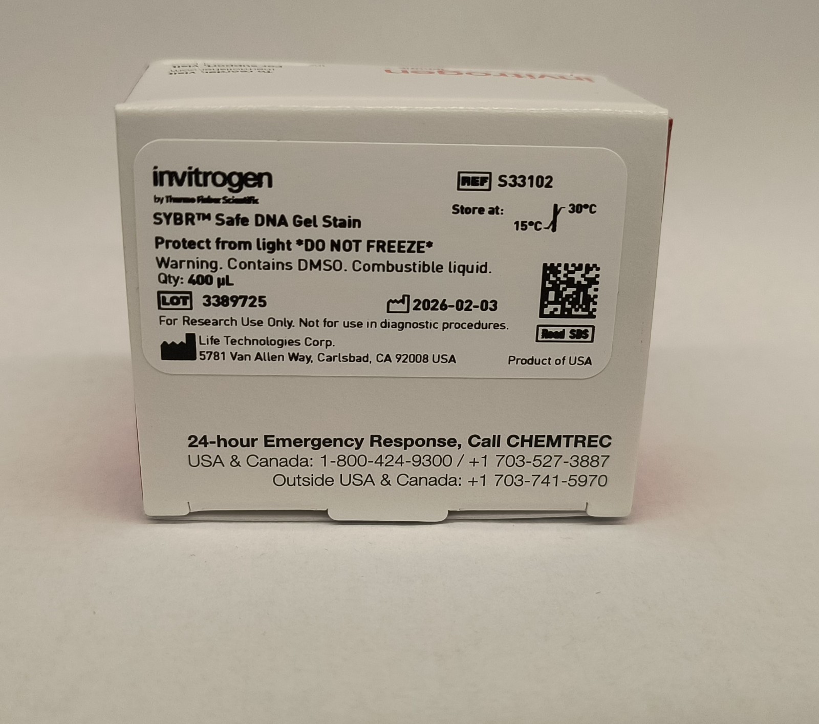 SYBR™ Safe DNA Gel Stain, 400 ul of 10,000X concentrate, S33102, Invitrogen™