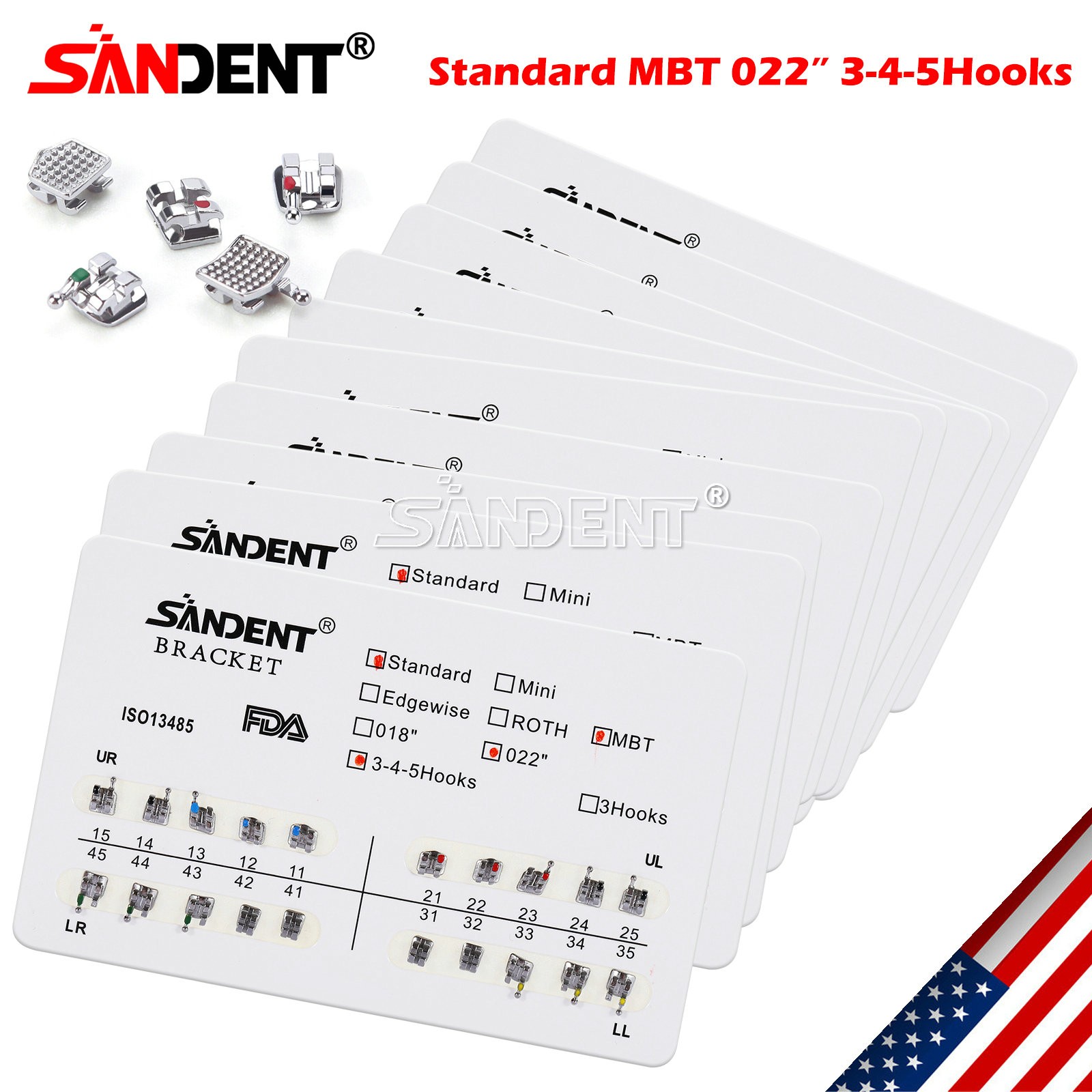 10 Packs Dental Orthodontics Brackets Braces Standard MBT 022″Slot 3 4 5 Hooks