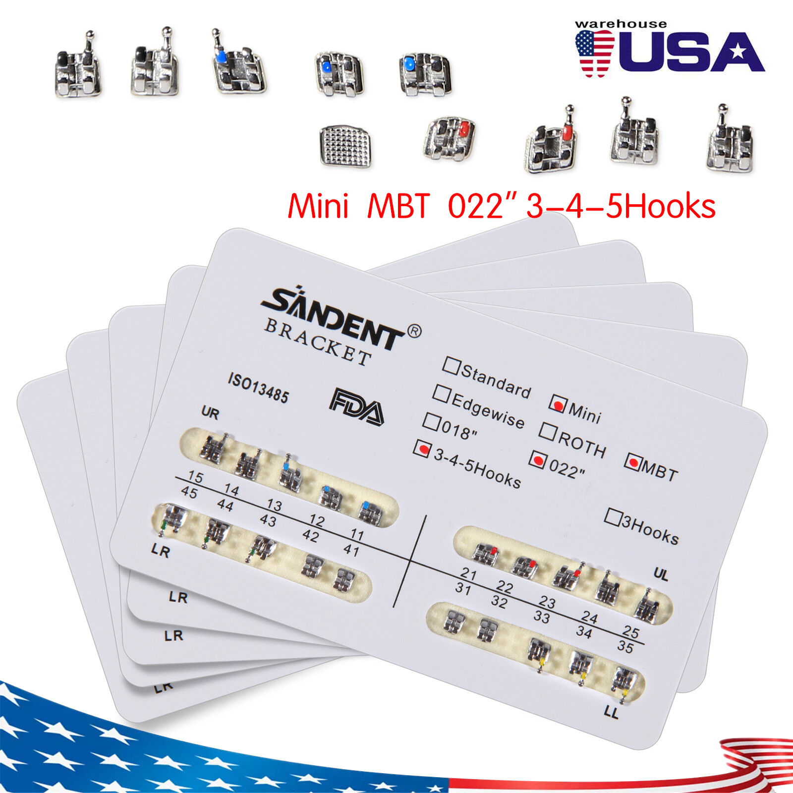 10X Dental Orthodontic Metal Brackets Braces Mini MBT Slot.022 345 Hooks ARCH