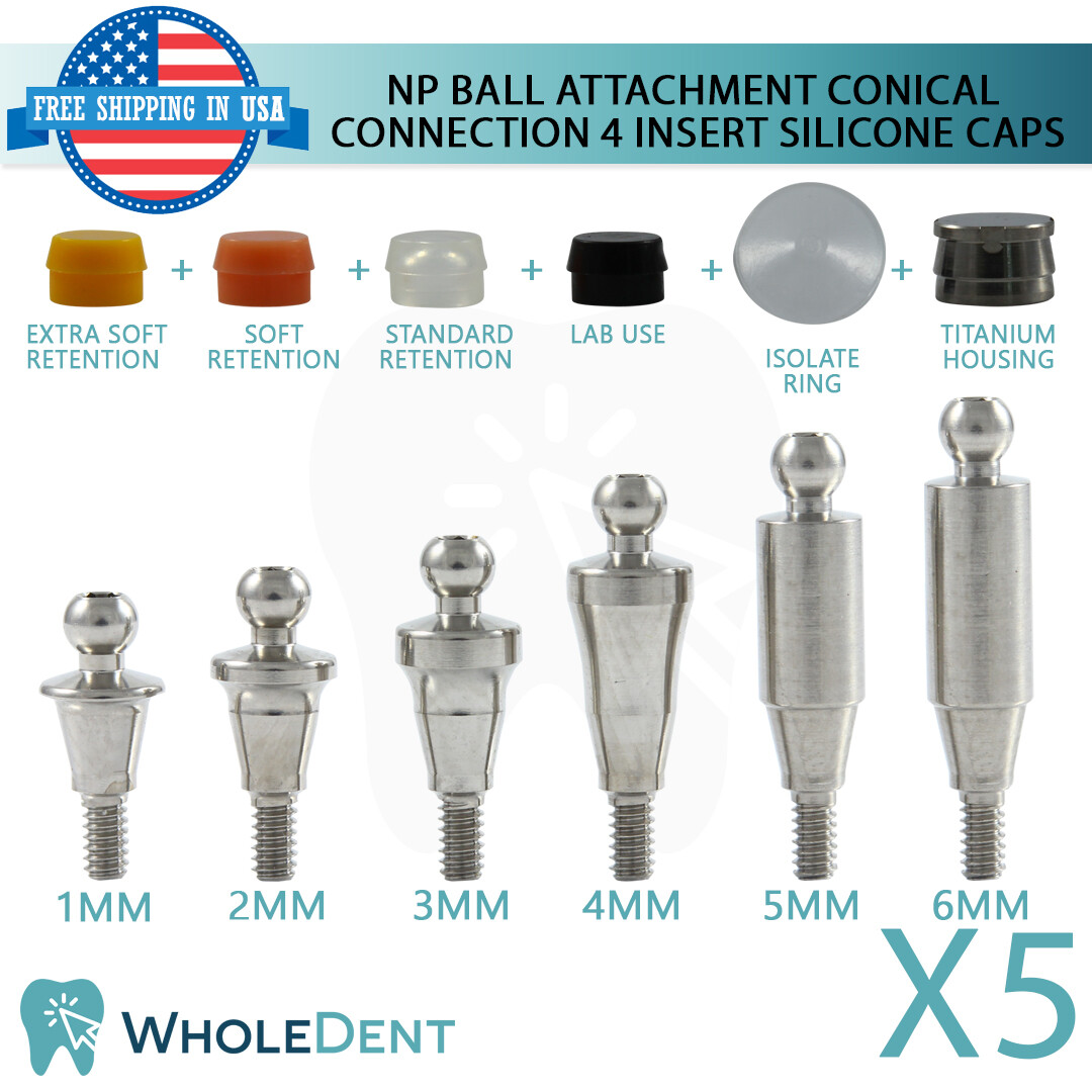 5x NP Conical Ball Attachment Abutment 4 Insert Silicone Caps Dental 2.25mm Hex