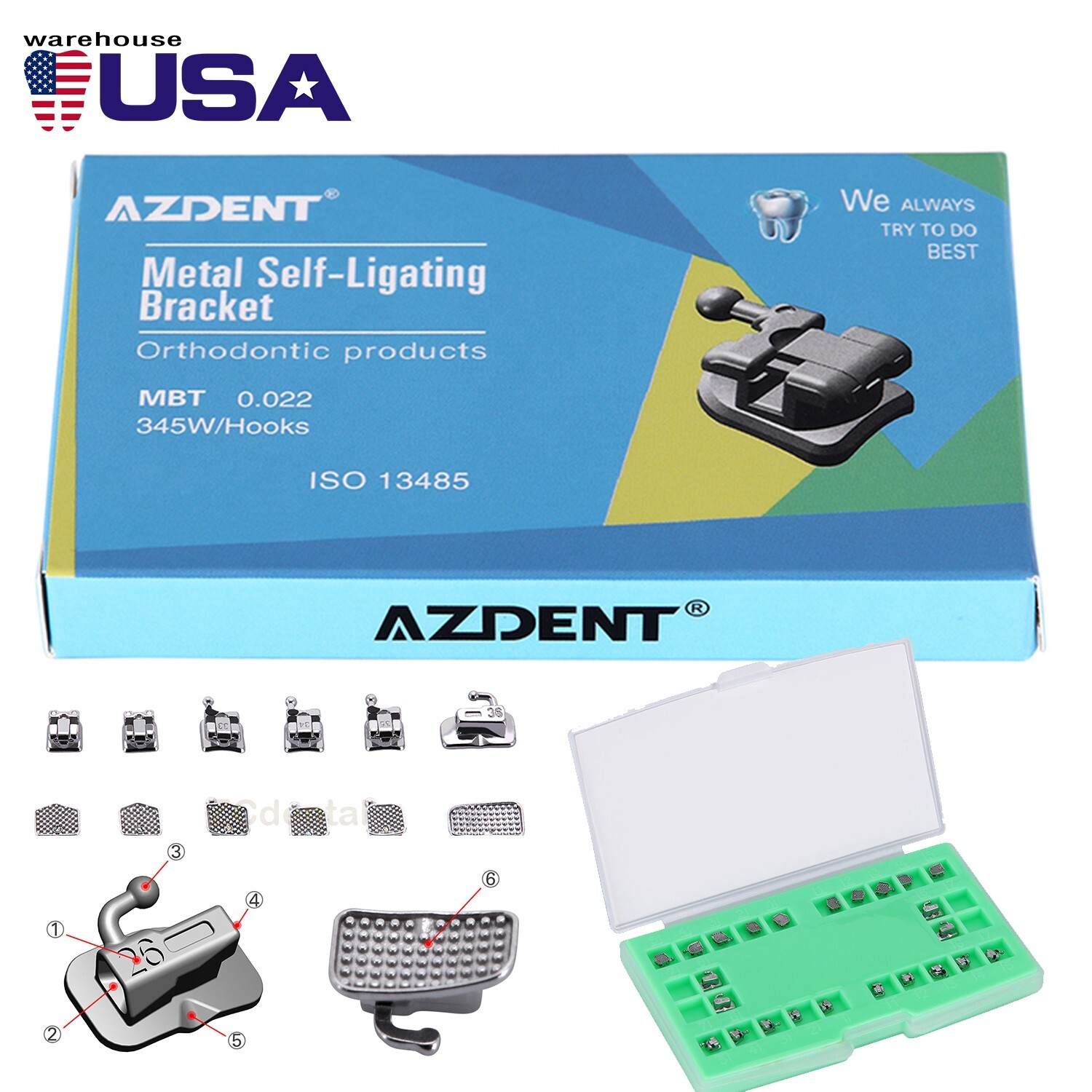 AZDENT Brackets de Autoligado Pasivo para Ortodoncia Dental MBT 022 Ganchos 345