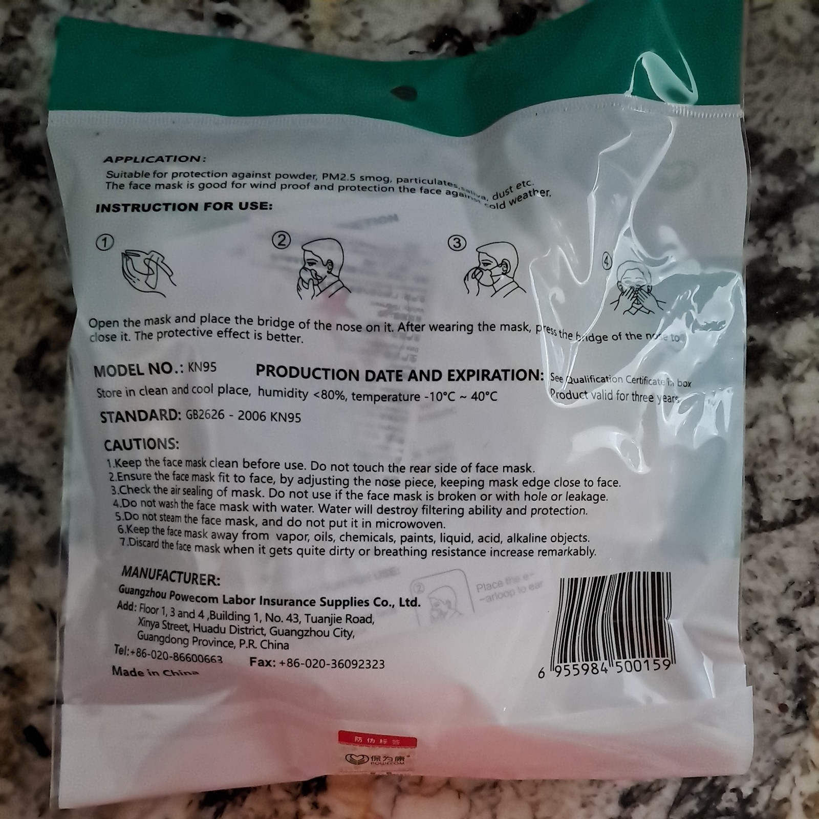 Powecom KN95 Protective Face Mask Respirator GB 2626 -2006 KN95