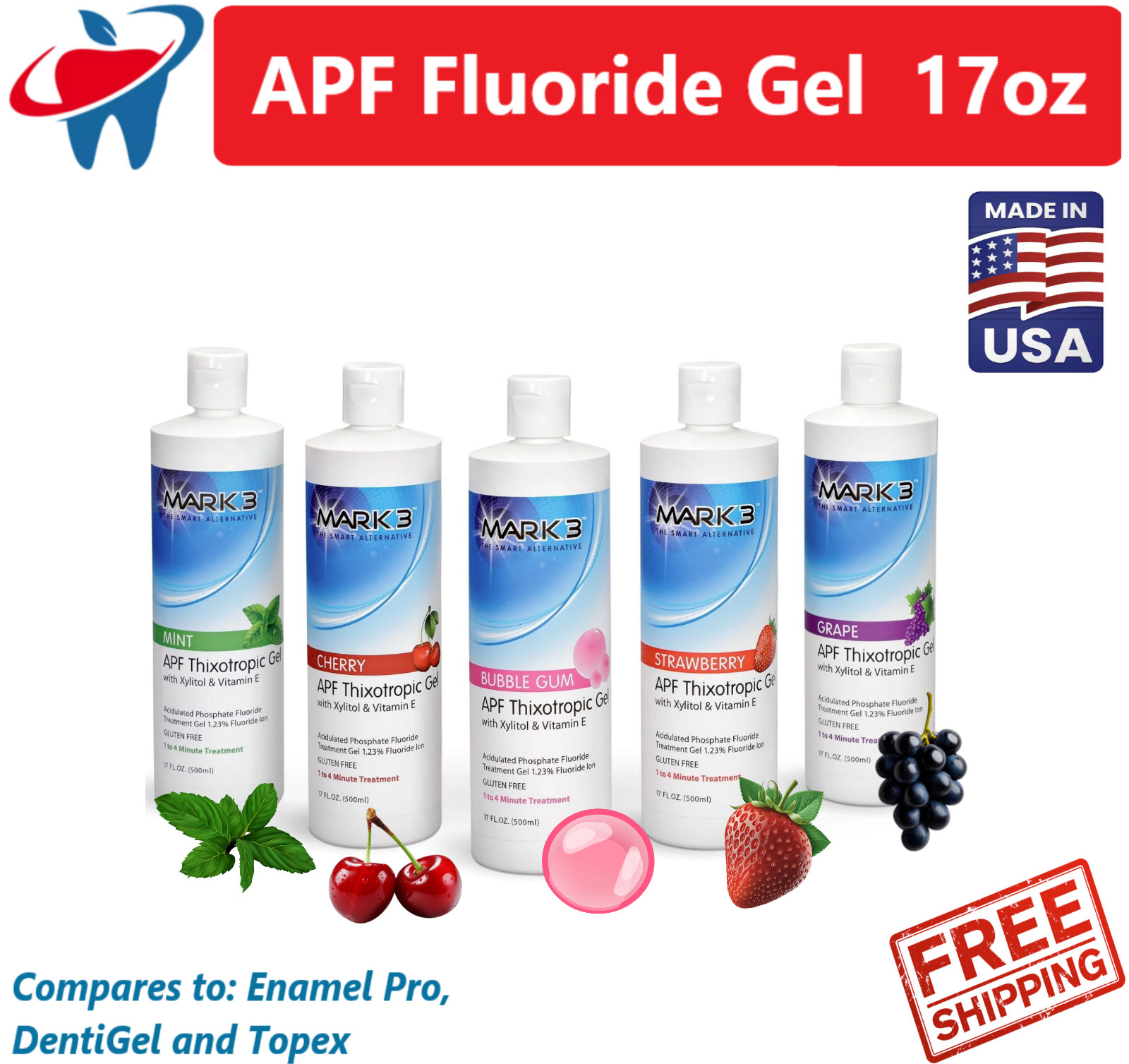 2 x Bottles Dental Fluoride Gel 60 Second 17 Oz 1.23% APF, 6 Flavors, Made USA