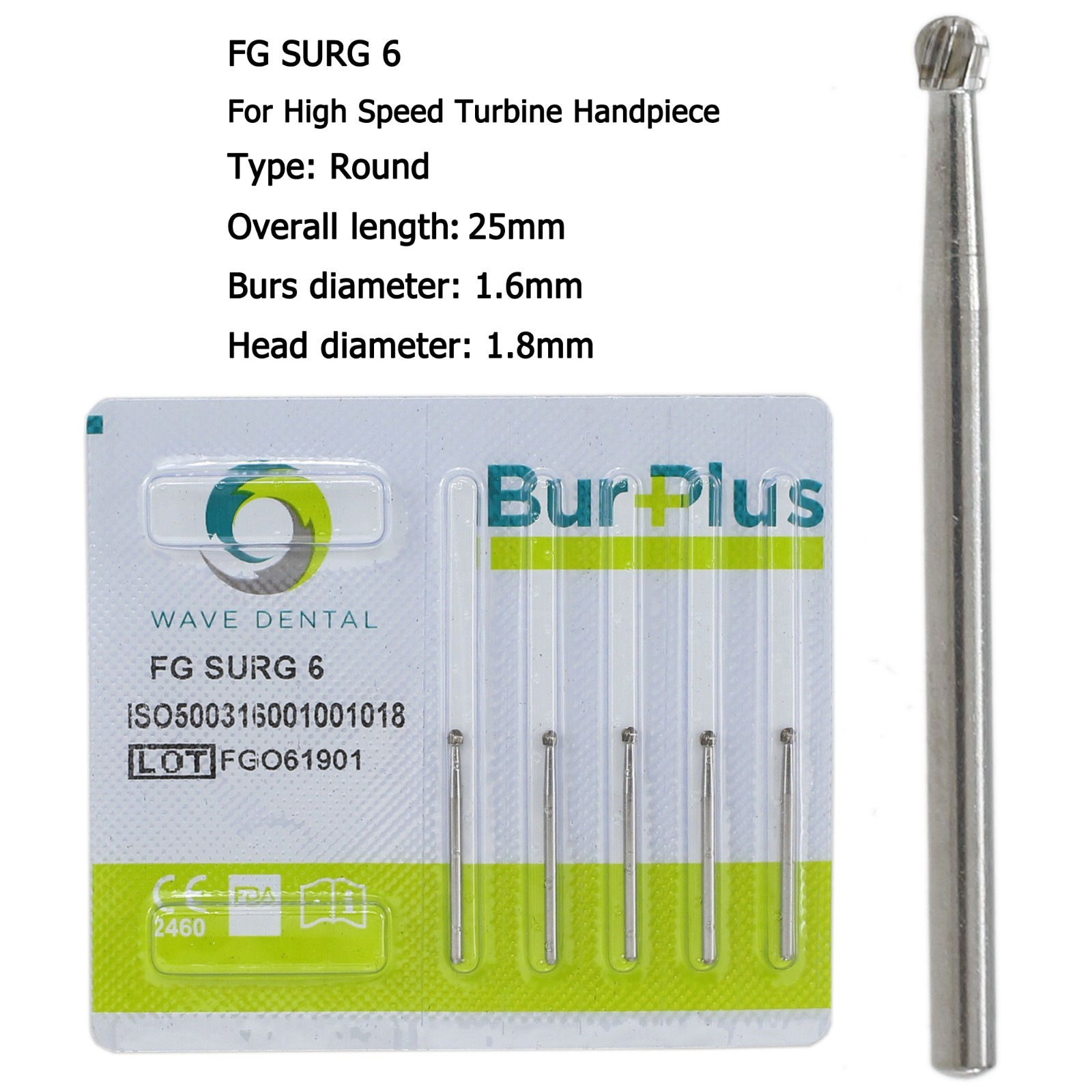 WAVE Dental Round Surgical Burs Carbide Bur High Speed Long FG / FG SURG 2 4 6 8