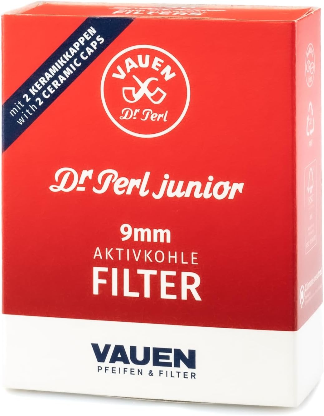Vauen Dr. Perl Junior 9mm Pipe Filters – 40 Count – Activated Charcoal & Ceramic