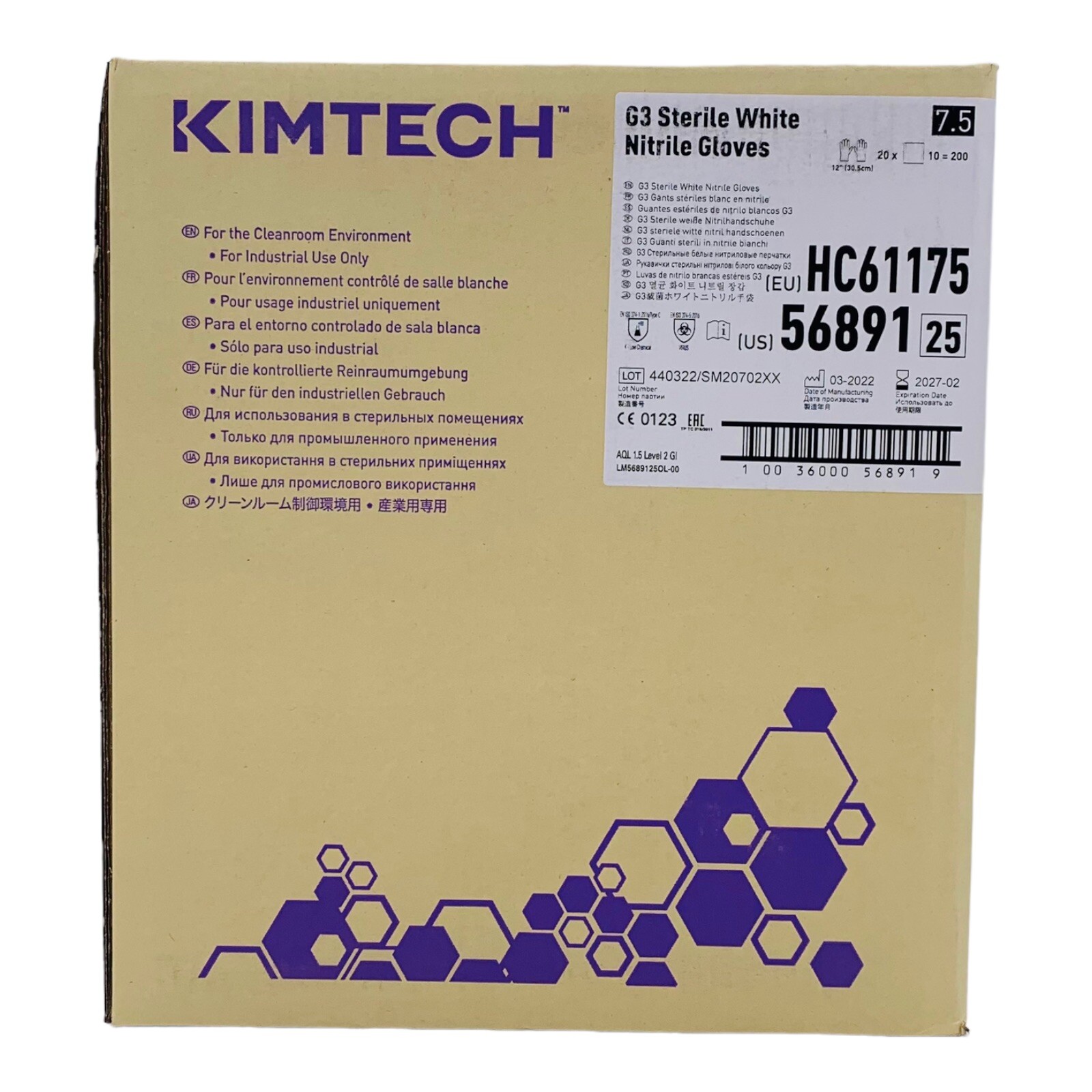 200 Pair Nitrile Gloves White Sterile Kimtech G3, 12”, 6 Mil, Size 7.5, Exp2027