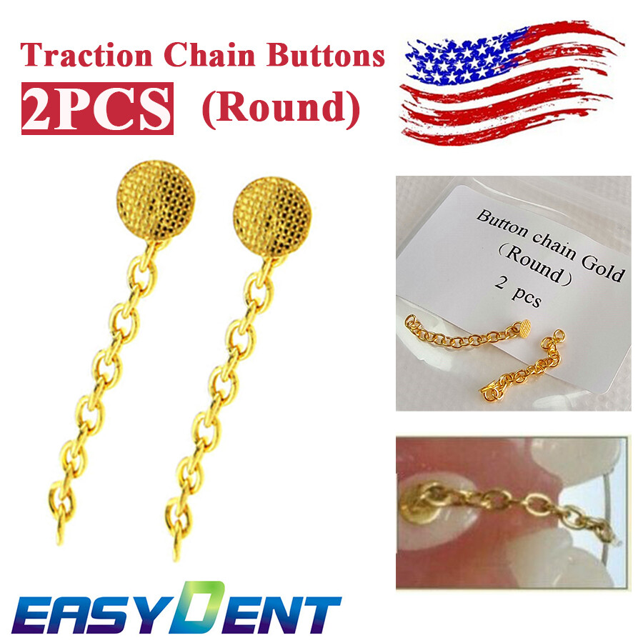 2pcs Dental Ortho Traction Chain Buttons with Chain Gold Plated Round Mesh Base