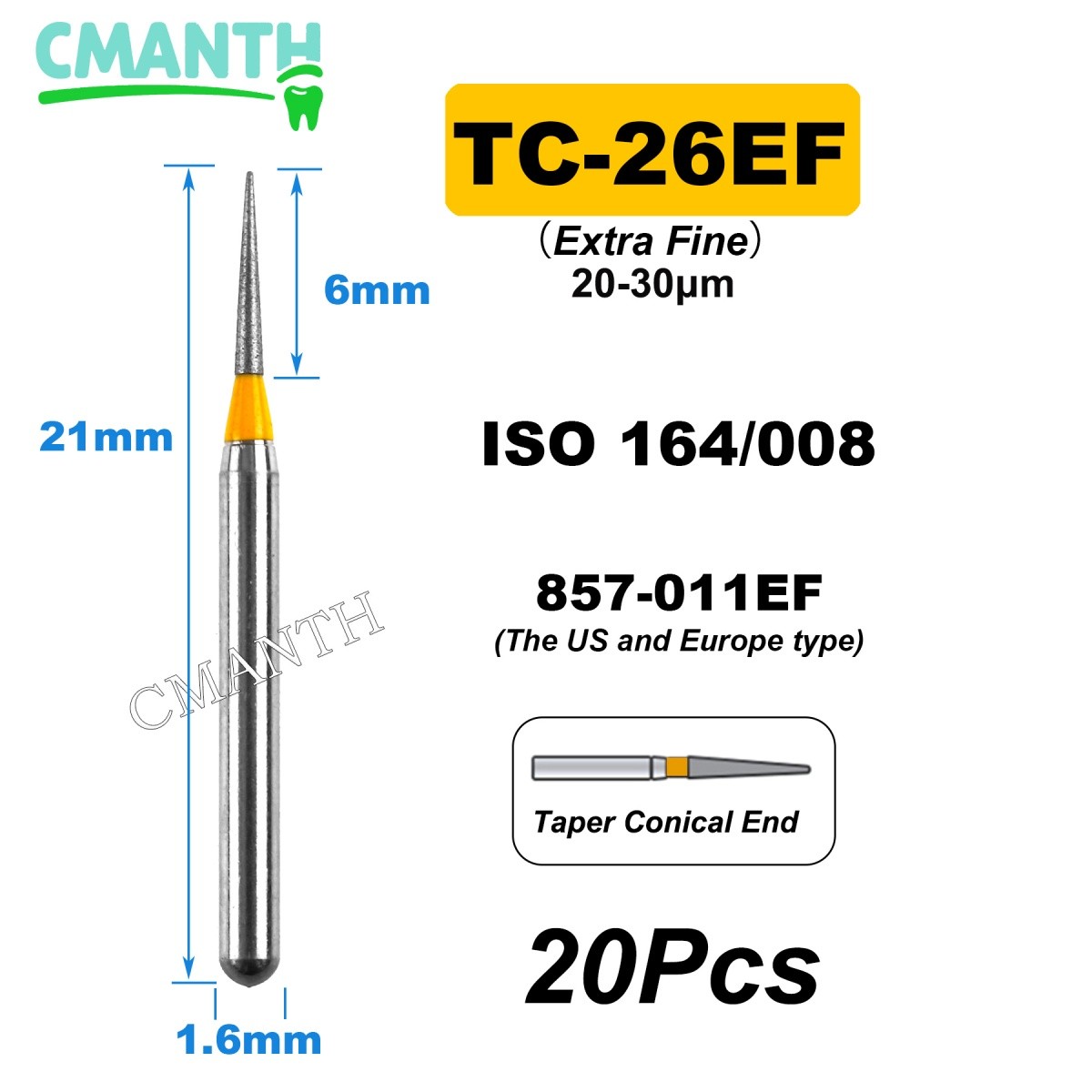 US Fine Dental Burs Diamond Burs High Speed Turbines Drills Tools 1.6mm 20pcs
