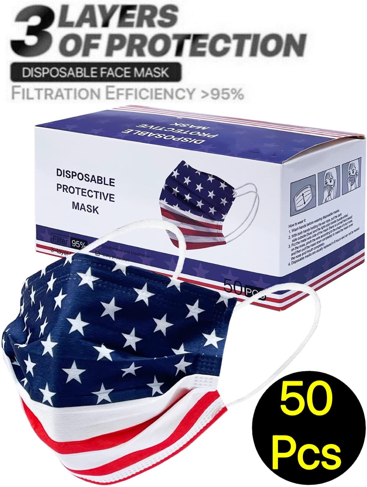 50-PCS USA Flag Face Mask Mouth & Nose Protector Respirator Disposable Masks