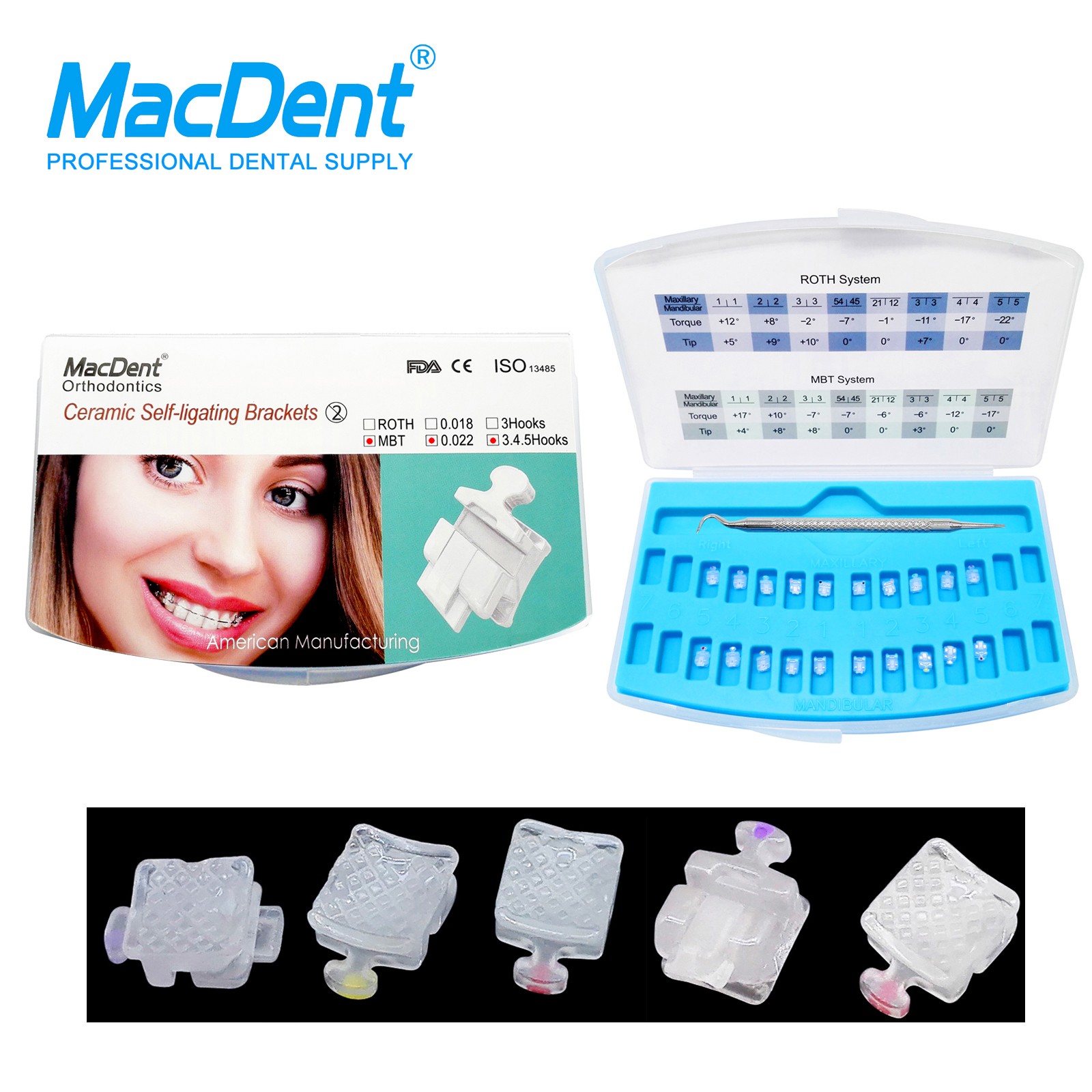 Orthodontic Self Ligating Brackets Ceramic Sapphire brace RothMBT 022”3/345Hook