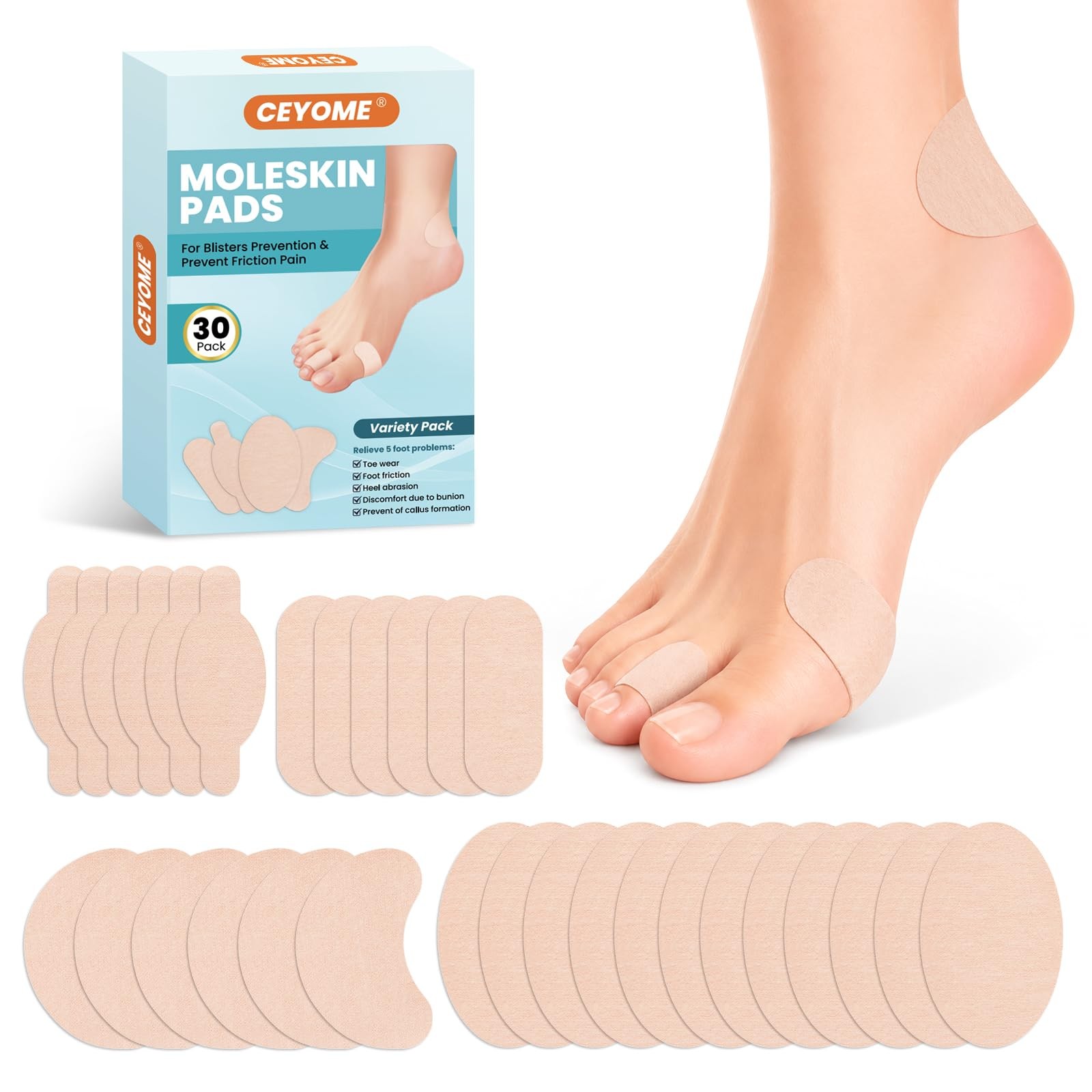 Moleskin Adhesive Pads & Blister Bandages for 30 Count (Pack of 1), Beige