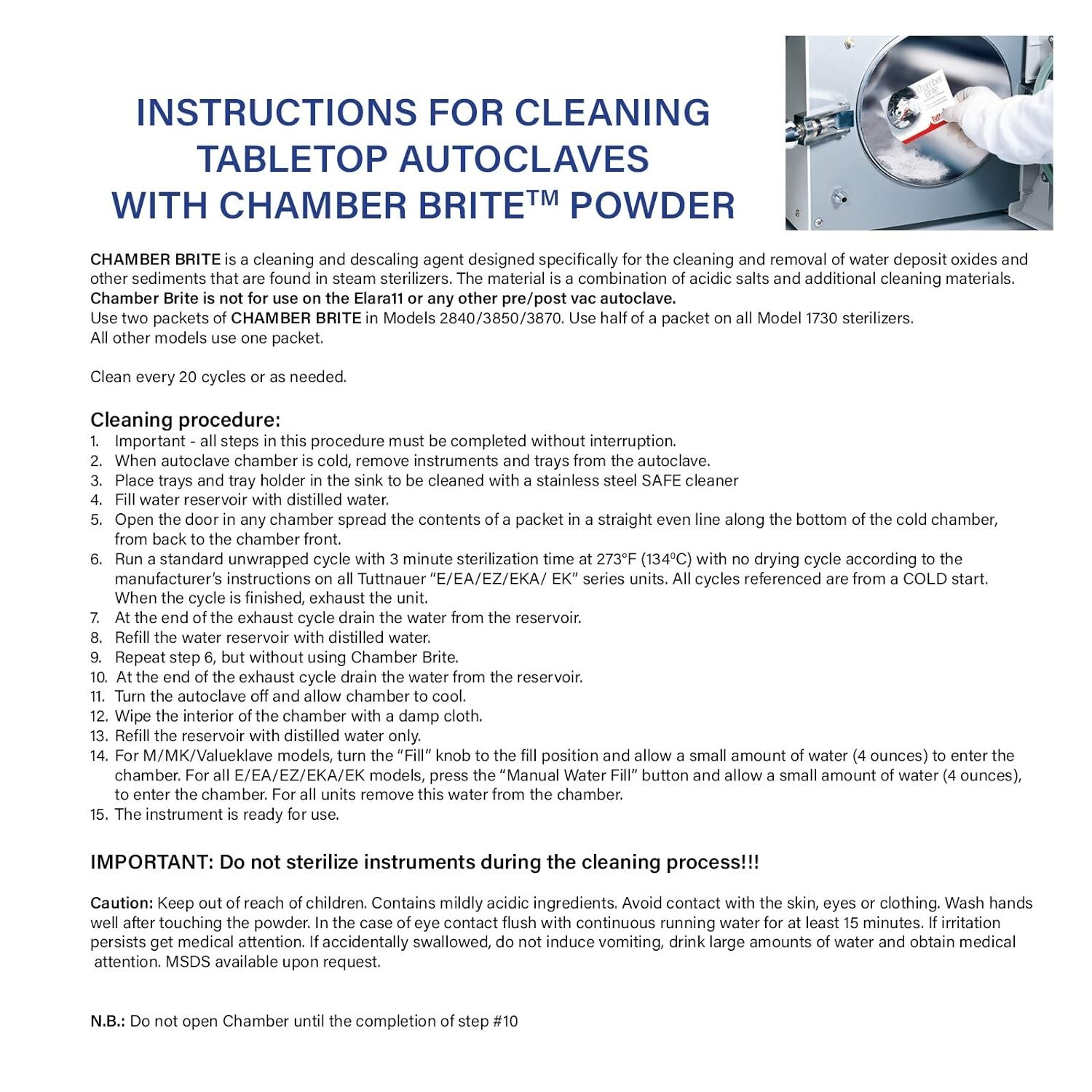 TUTTNAUER CHAMBER BRITE POWDER AUTOCLAVE CLEANER (1 BOX – PACK OF 10)