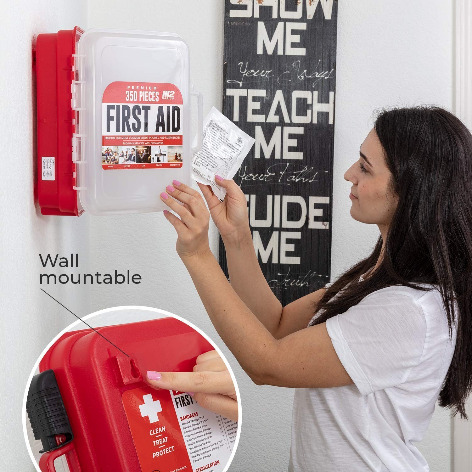 M2 BASICS 350 Piece Professional Wall-Mount First Aid Kit, 350 Set, Red
