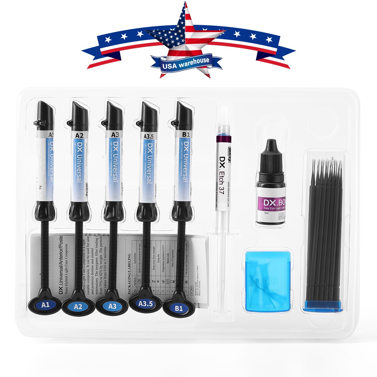 Dental Light Cure omposite Kit 5 Colors A1-A3.5 with Ethant & Bonding Agent
