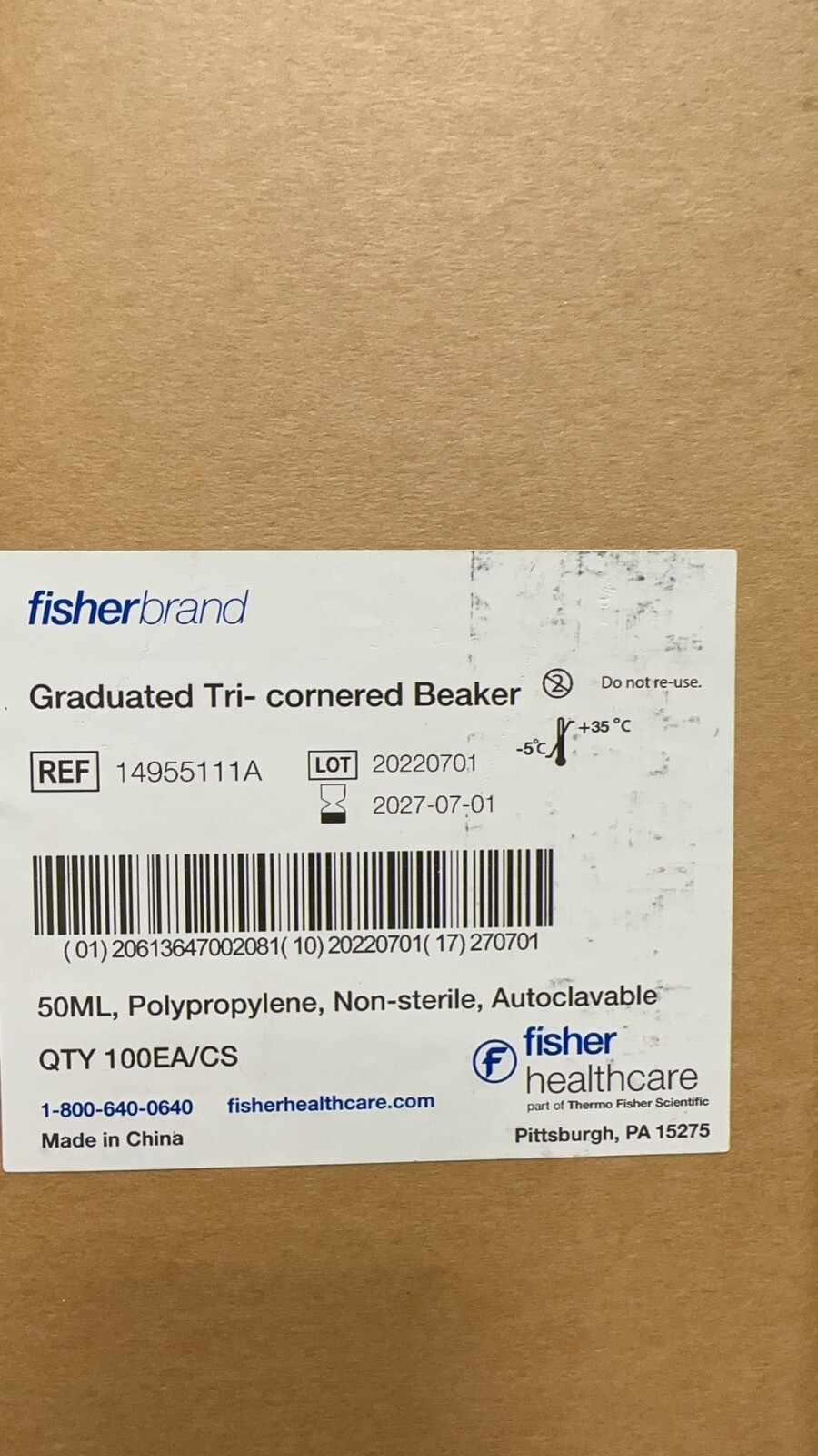 Fisherbrand 14-955-111A Tri-Cornered Polypropylene Beakers, 50ml, 100/Case