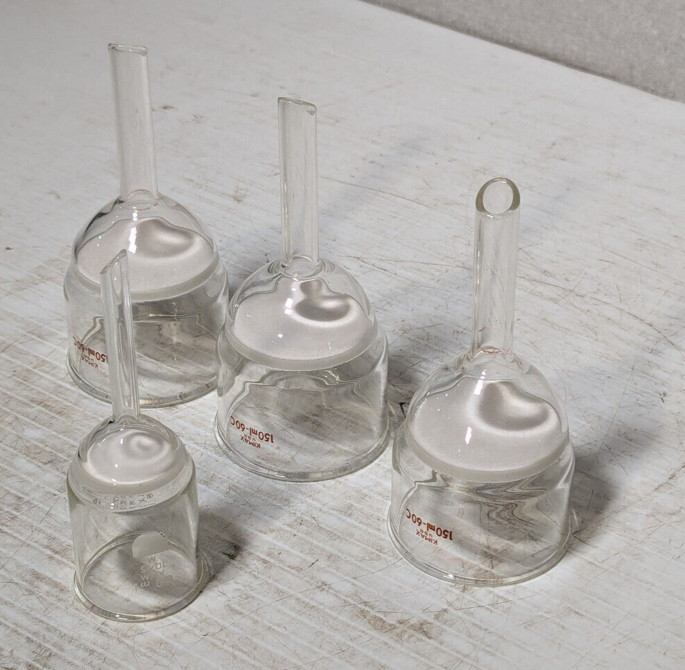 Lot of 4: Büchner Filter Funnels, Kimax 150ml, 60C; ASTM 60ml, 10-15M Lab Glass