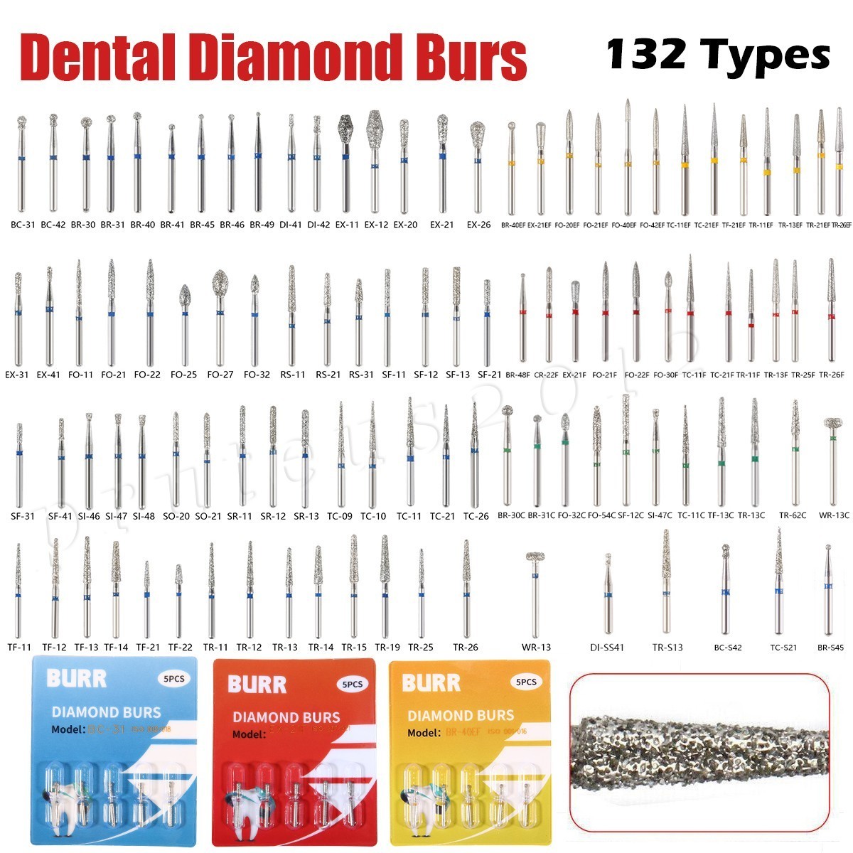 100 Types Dental FG Diamond Burs For High Speed Handpiece Friction Grip 50pcs