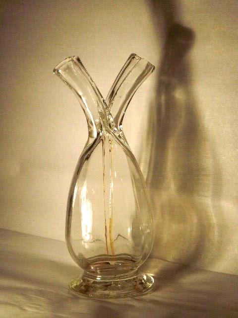 EXTREMELY ODD CONJOINED RIBBED & HORNED BOTTLE MADE IN FRANCE EACH W GLASS STRAW