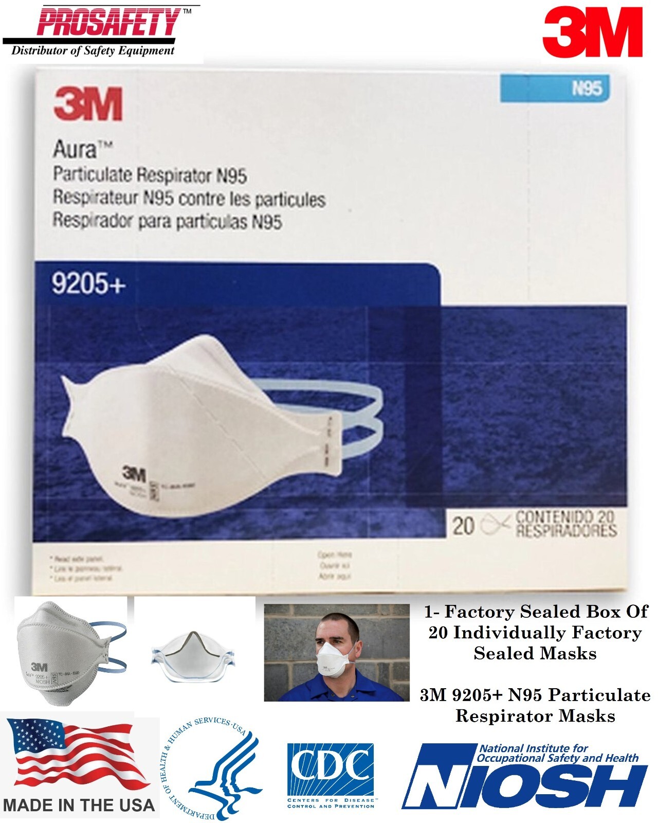 NEW 20- 3M 9205+ Aura N95 Particulate Respiratory Protection Face Masks USA MADE