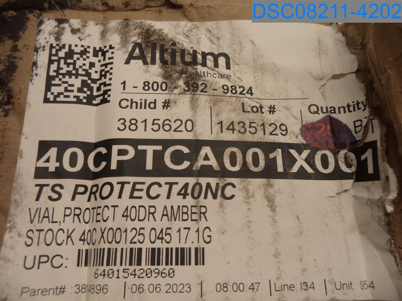 Qty=125: NO CAP: 40CPTCA001X001, Vial, Protect 40DR Amber, TS Protect40NC