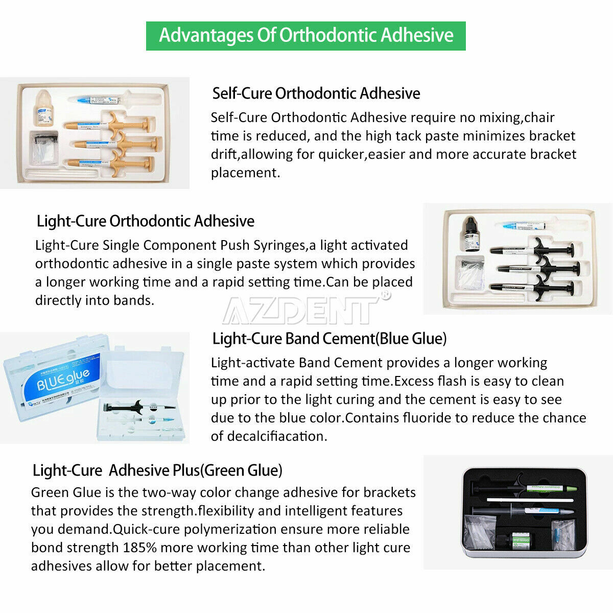 Dental Adhesive No-Mix Bonding/ Ortho Light Cure Resin/ Blue/Green Glue Kit