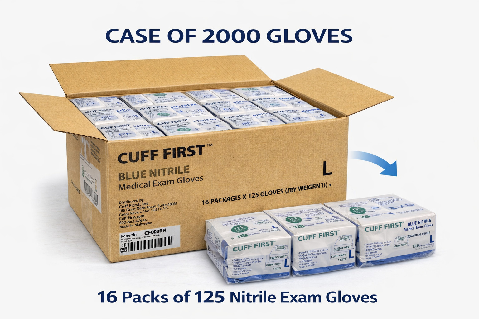 Cuff First Nitrile Exam Gloves 2000 Ct Case Blue Latex-Free Powder-Free Medical