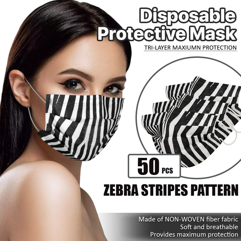 [Zebra Look] 50 Pcs Disposable Face Masks 3-Ply Non Medical Surgical Mouth Cover