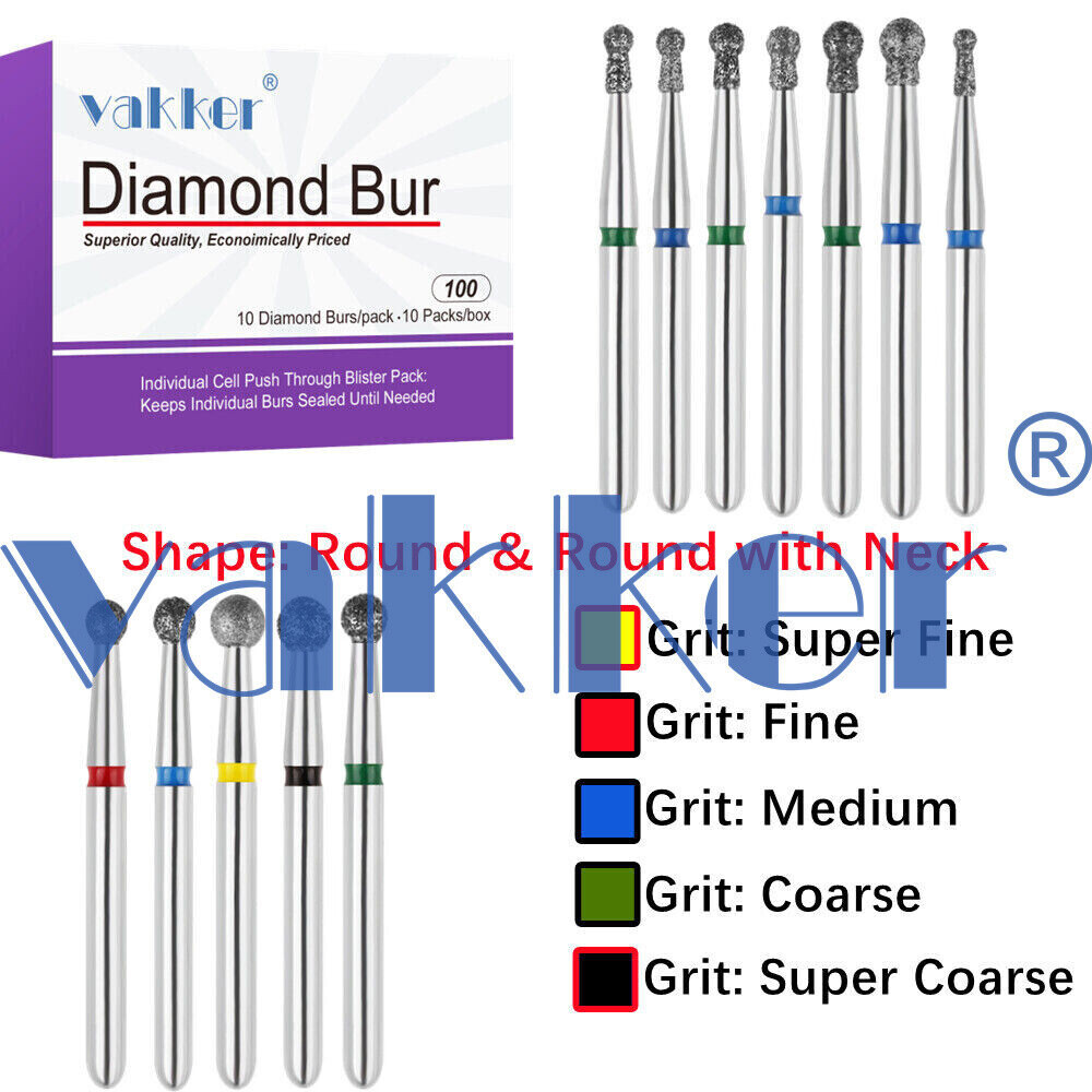 Diamond Burs FG High Speed Round & Round with Neck Super Fine Medium Coarse Grit