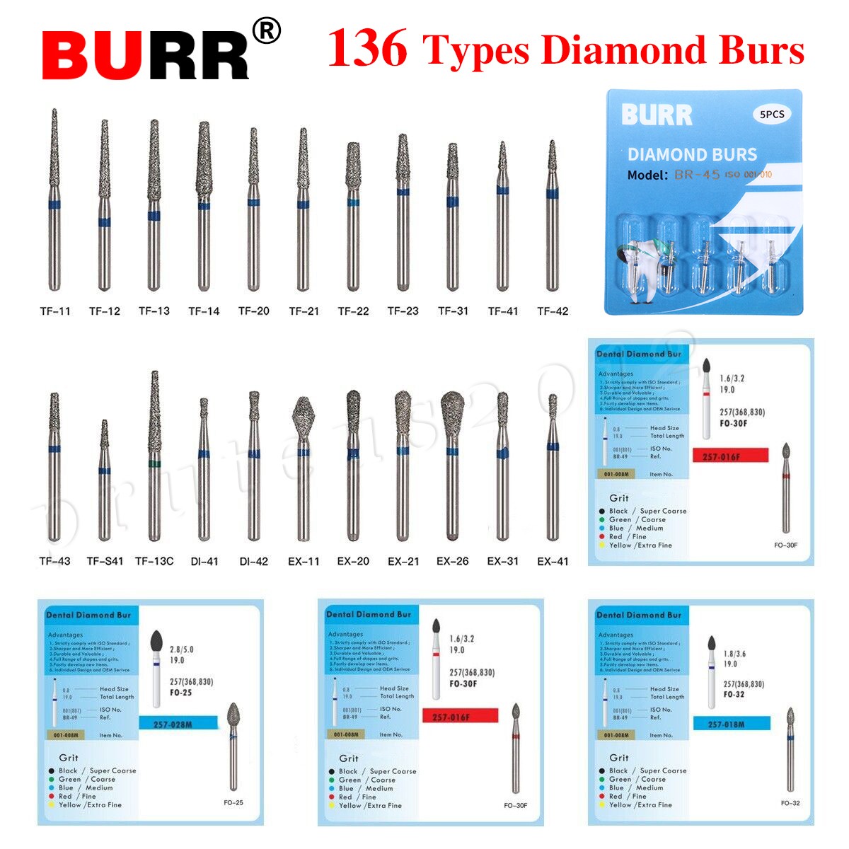 5 uds./1 paquete de fresas de diamante dental Burr para piezas de mano de alta
