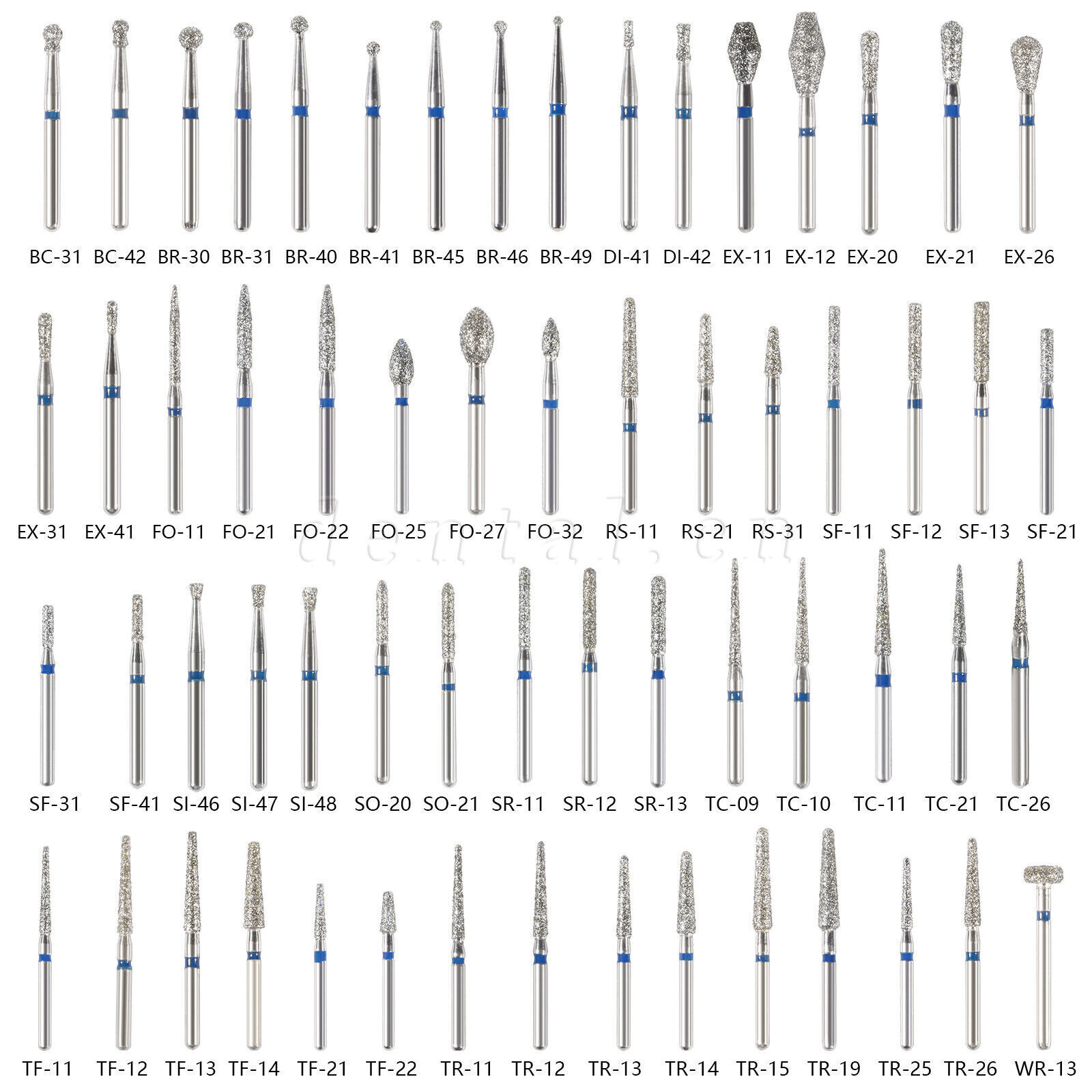 50 pcs Dental Turbine Diamond Burs For High Speed Handpiece Friction Grip Burs