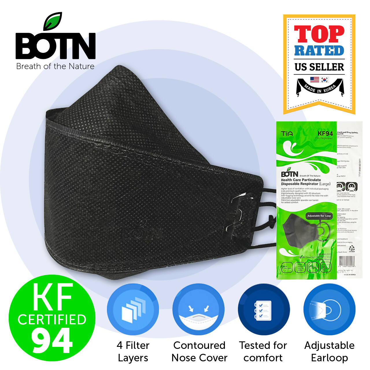 2 PCS BOTN KF94 BLACK Protective Face Mask Adult Made in Korea KFDA Approved