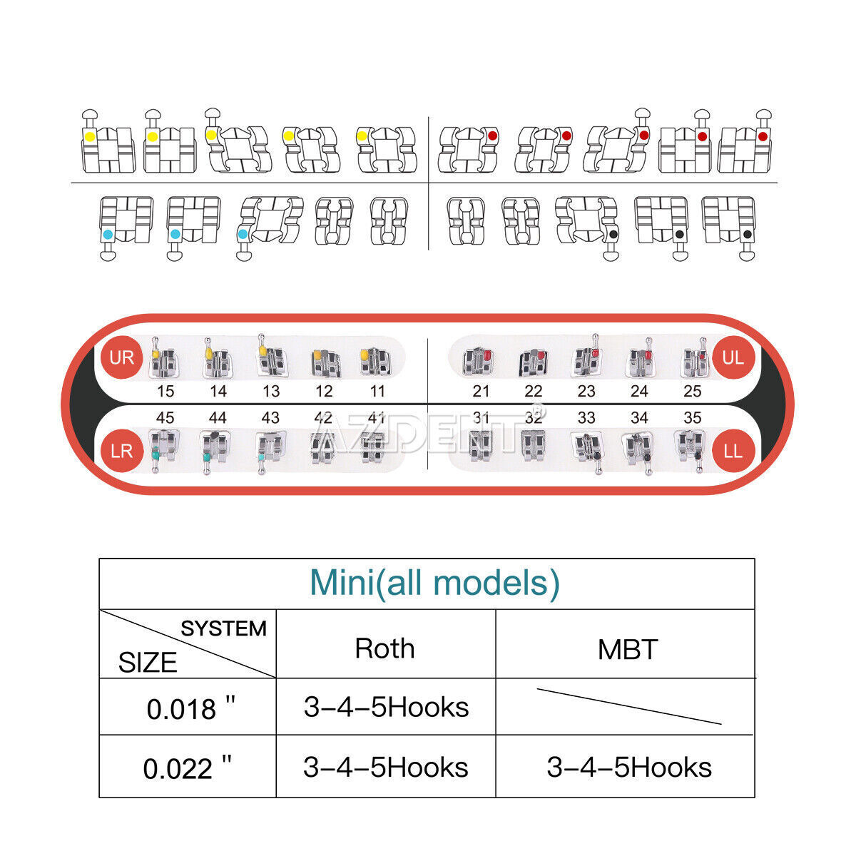 Dental Orthodontic MIM Brackets Braces Mini Roth MBT 022/018 Hooks 345 Monoblock