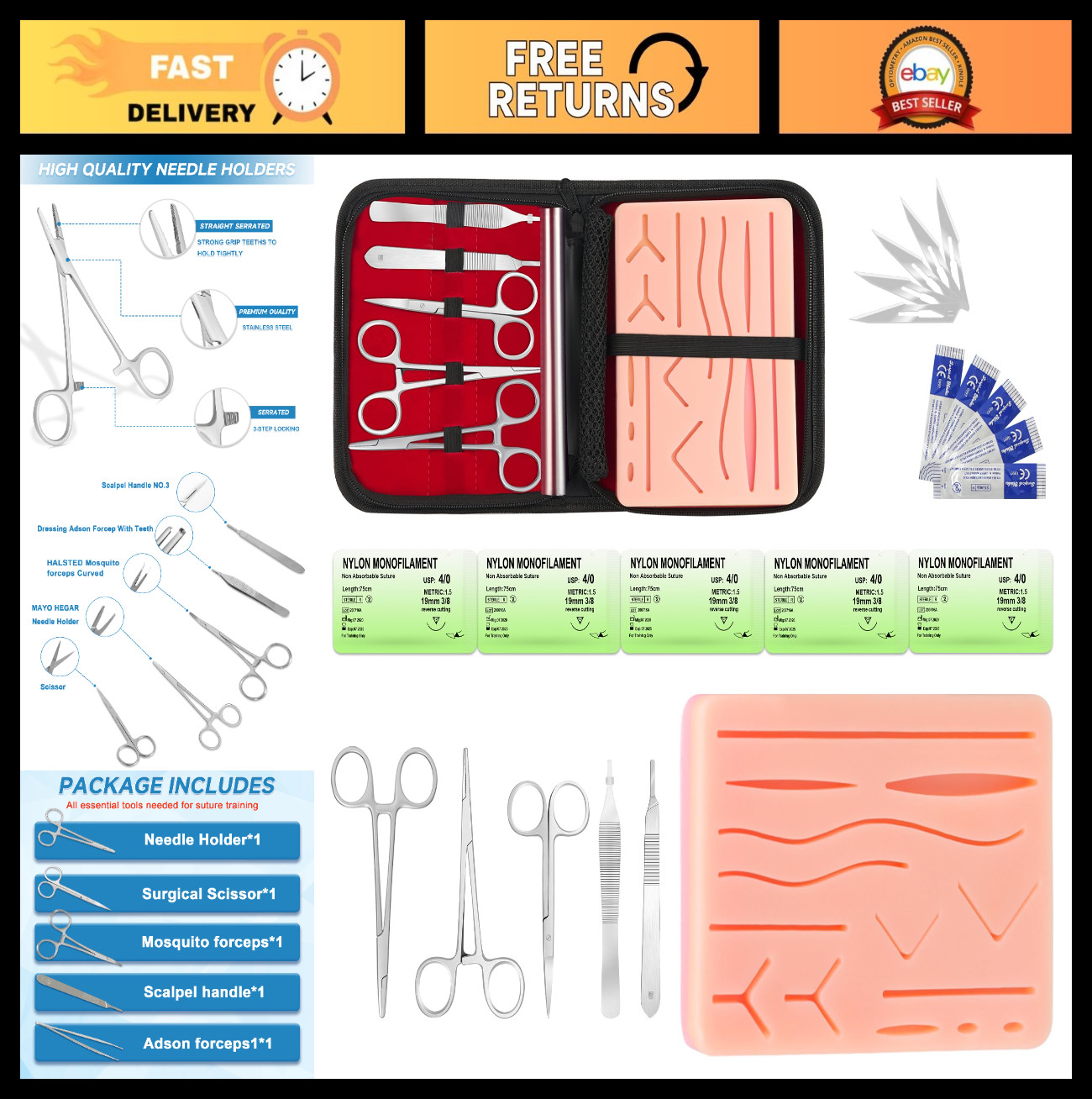 Suture Practice Kit – 240g Silicone Pad, Reusable Stitching Set, 14 Patterns, Tr