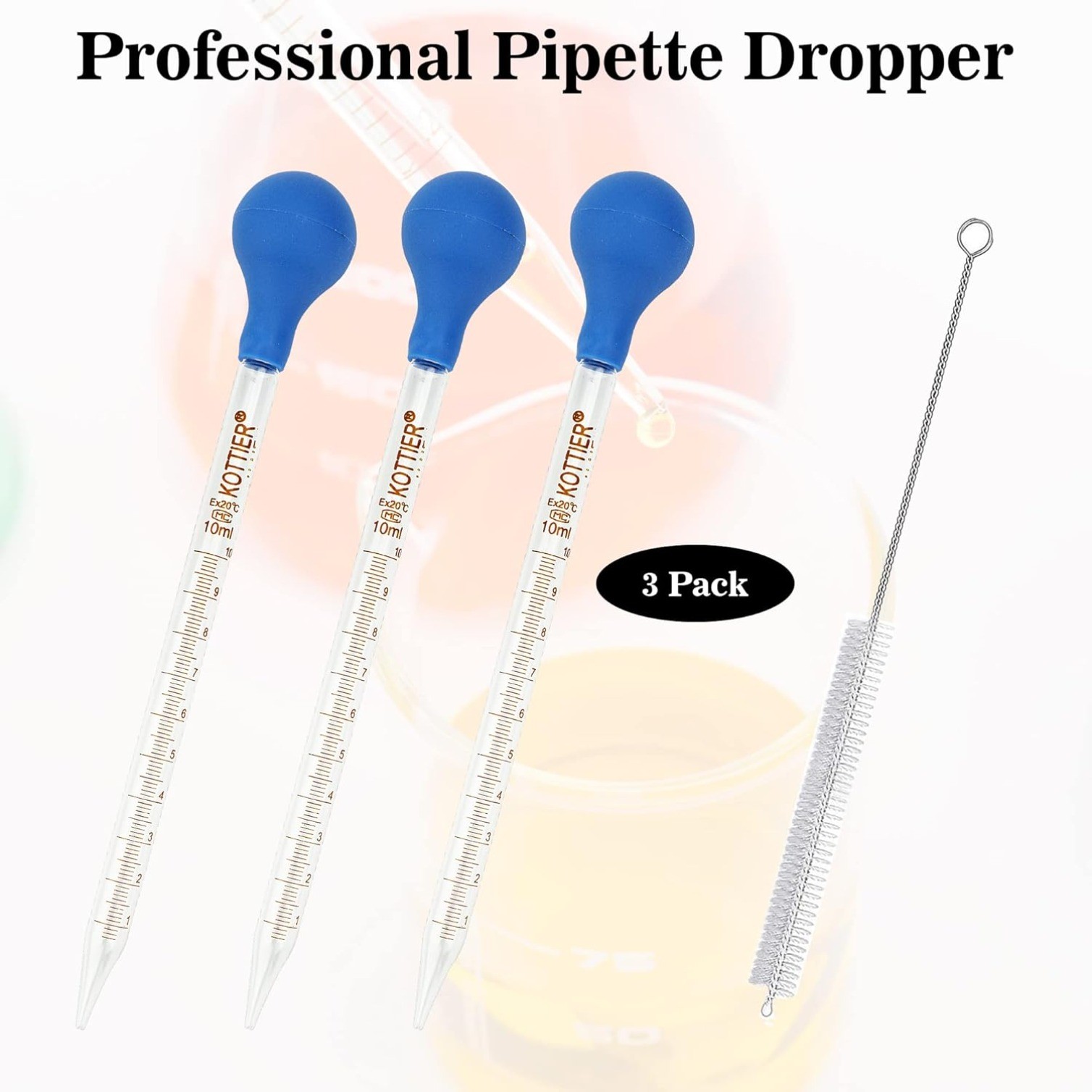 3Pcs 10ml Graduated Liquid Dropper Glass with Rubber Bulb and Cleaning Brush