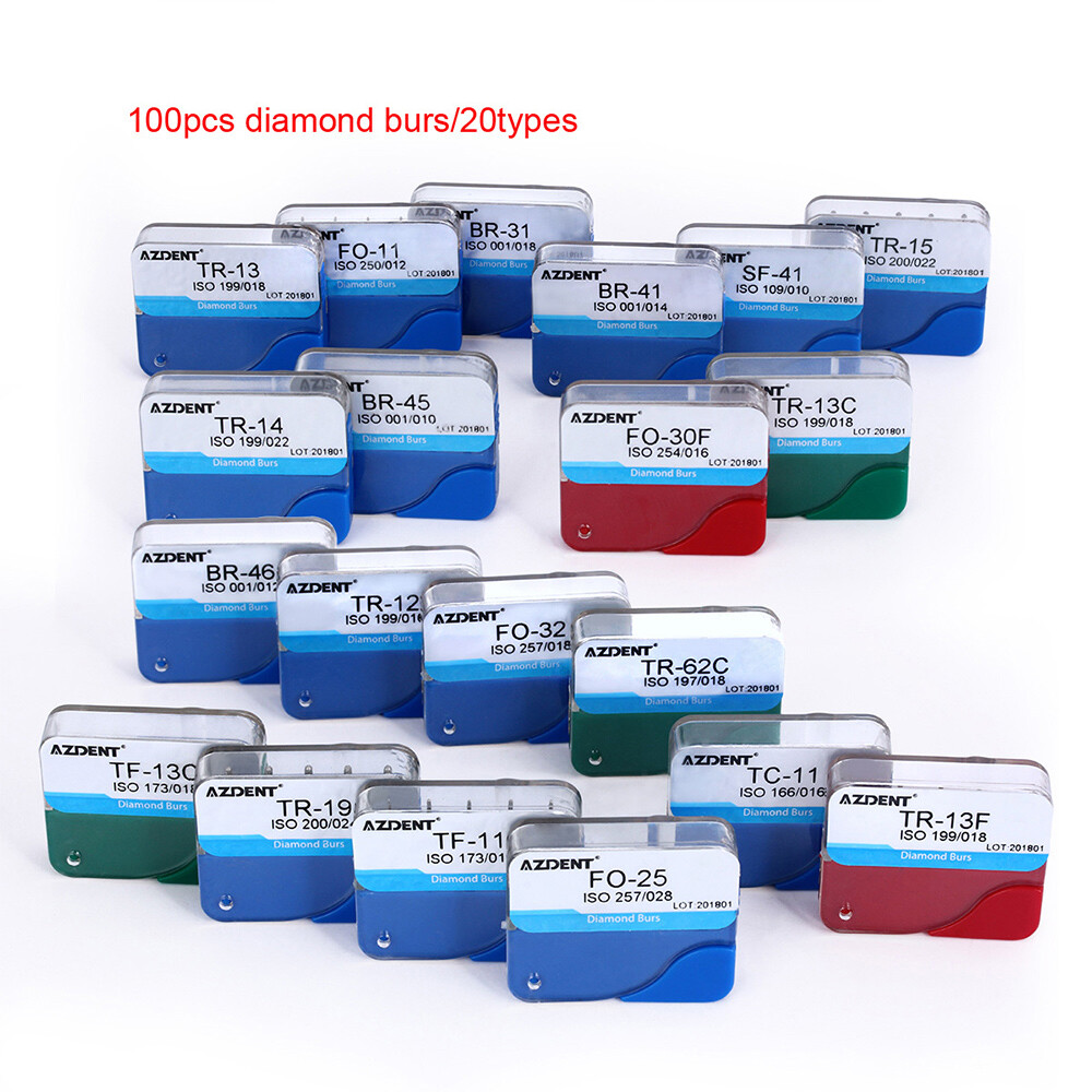 100Pcs Dental Diamond Burs for High Speed Handpiece Medium Friction Grip 20Types