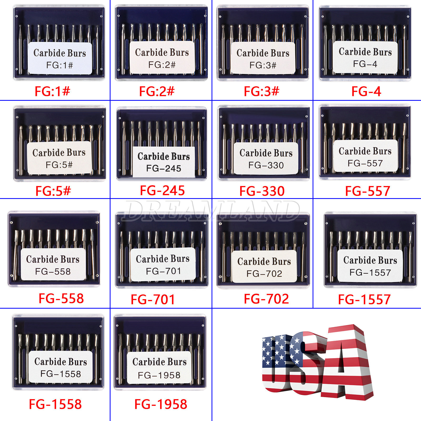 USA Dental Carbide Burs FG Round 19mm/Surgical Burs 25mm 40 Types For High Speed