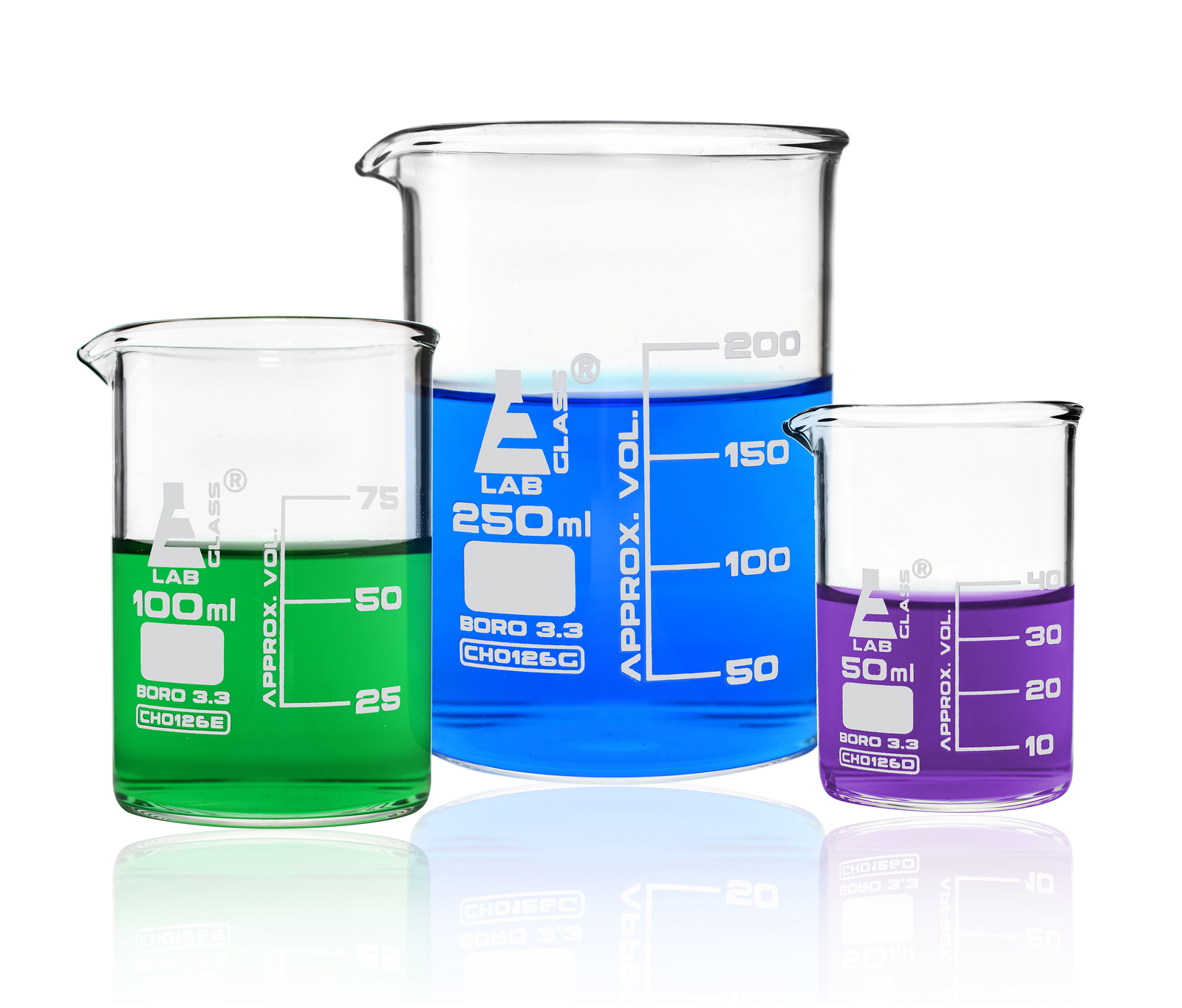 Glass Beaker Set, 50/100/250mL – Low Form – Packed in Foam Insert – Eisco Labs