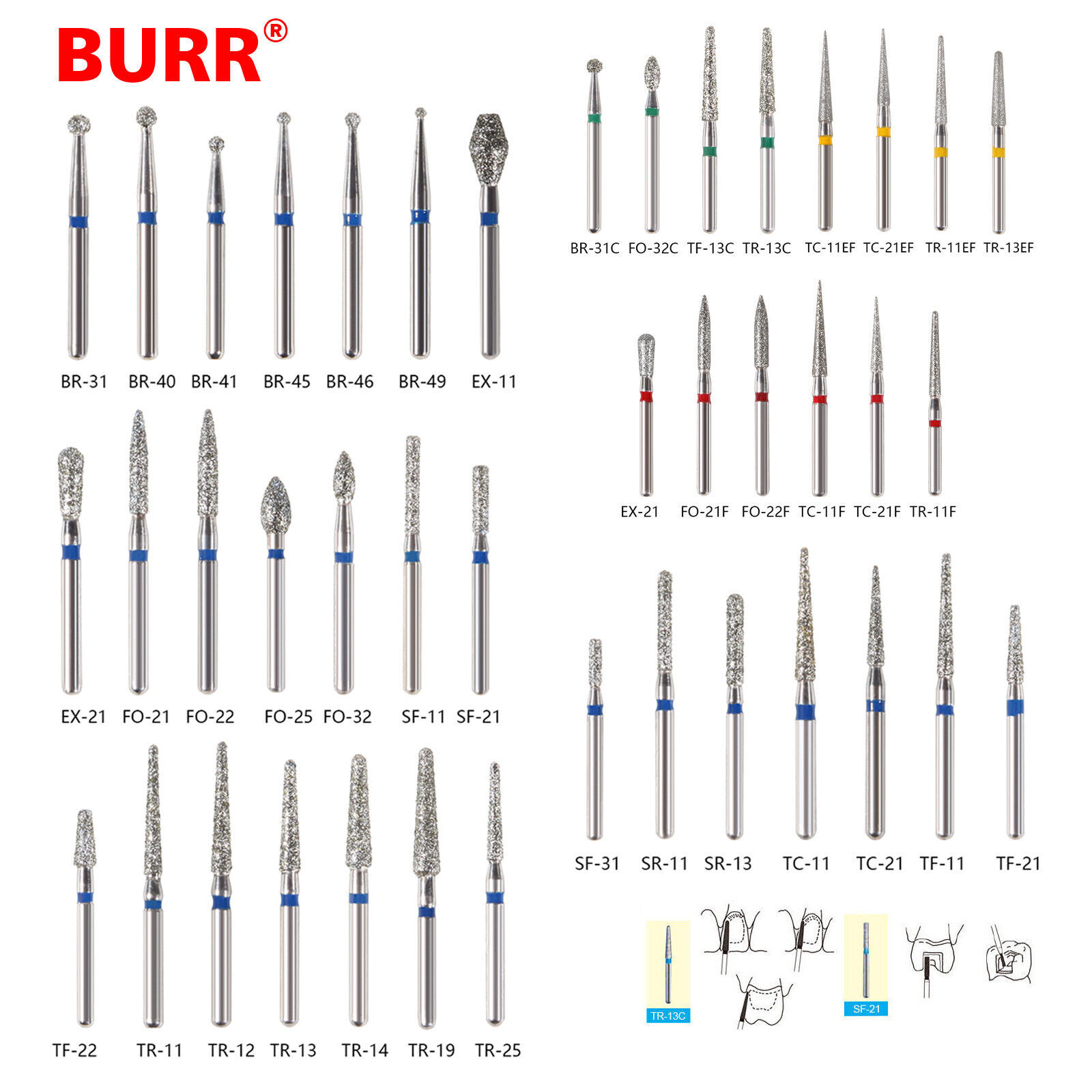 97Types Dental Diamond Burs FG 1.6mm for High Speed Handpiece 5pcs/pack DL