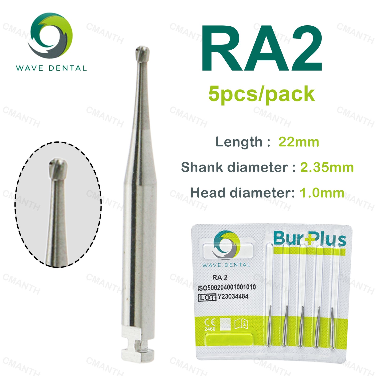 WAVE Dental Tungsten Carbide Burs Round Head RA Low Speed Burs Dia 2.35mm 5Pcs