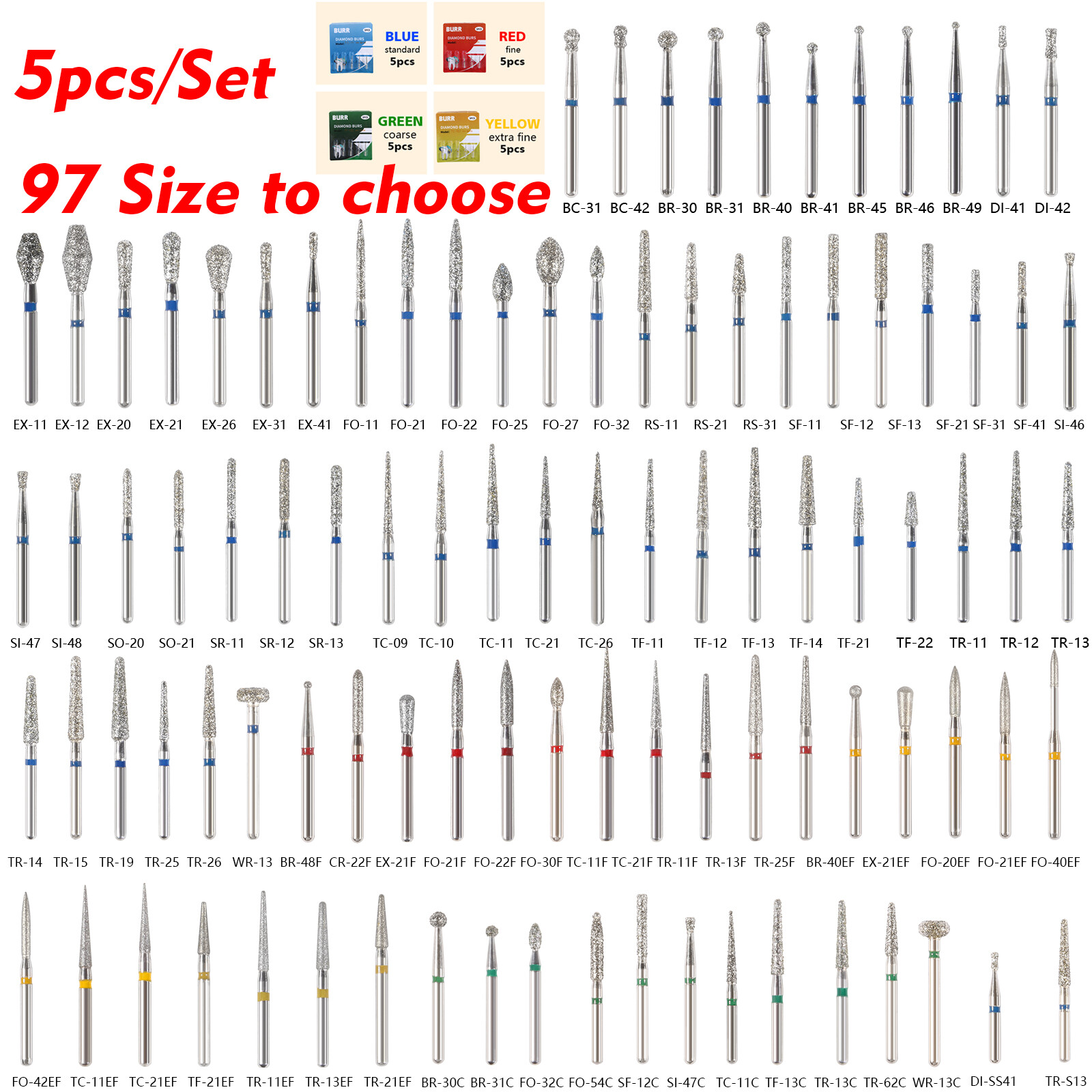 5Pcs/pack Dental Fresas de diamante Bur Fit High Speed Handpiece Friction Grip