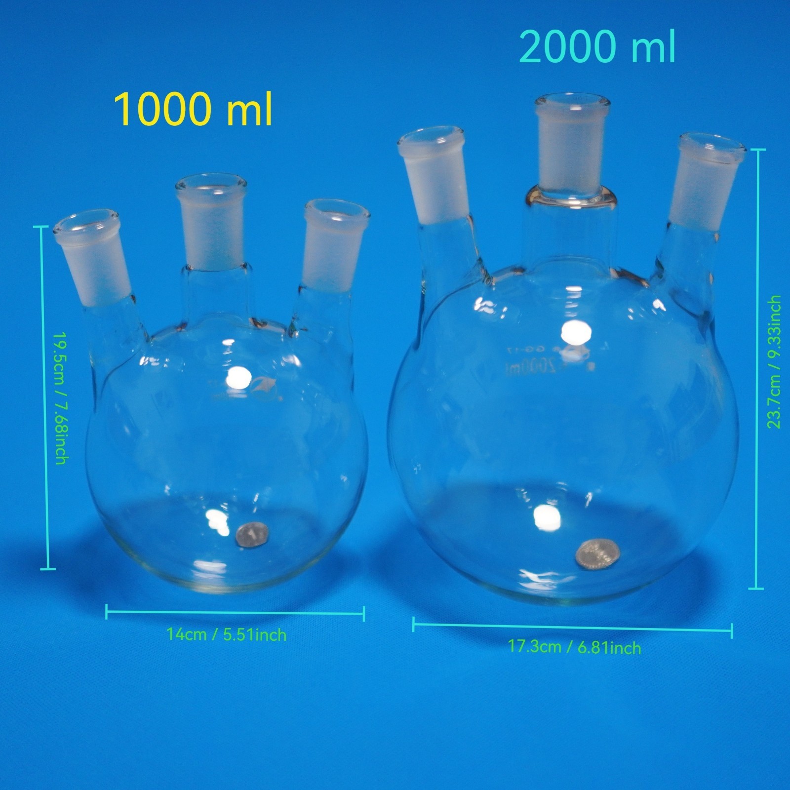 Lab glass round bottom flask boil flask 3-neck 24/40 joints 1000 ml