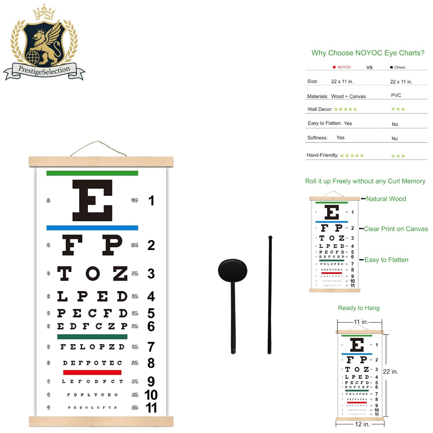 Framed Snellen Eye Chart Canvas: 22×11 in. with Eye Occluder – Vision Gift