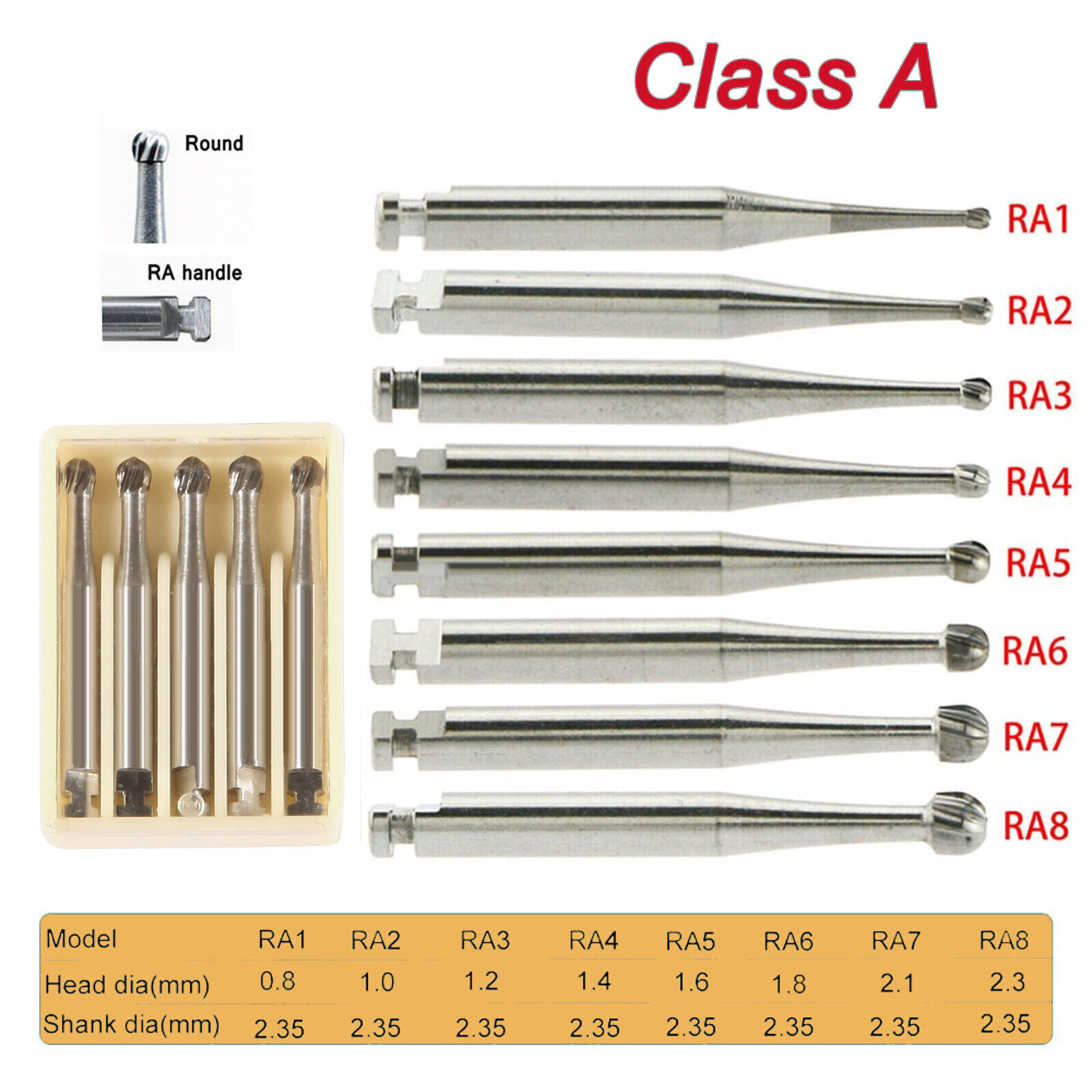 5pcs Dental Round Carbide Bur for Slow Speed Latch Type RA 1# -RA 8#