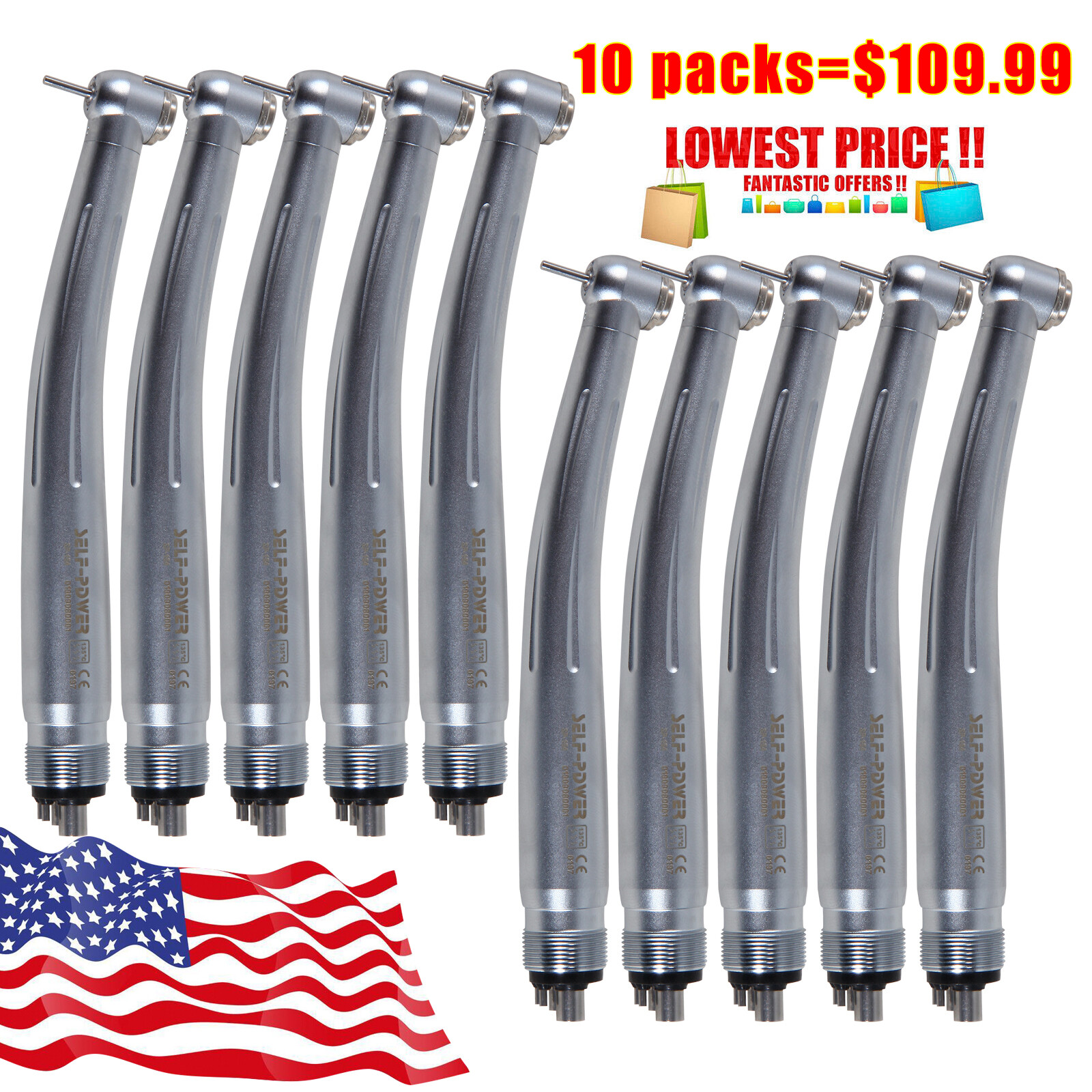 10* NSK Style Dental High Speed Handpiece Push 4HOLE Self Power US FREE SHIPPING